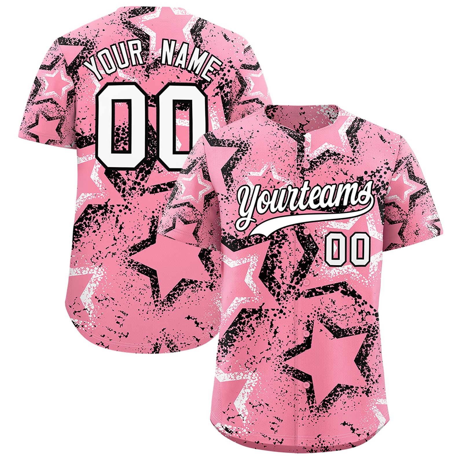 Custom Light Pink White Black Star-Shaped Ink Texture Graffiti Pattern Baseball Jersey | Sublimation Printed & Stitched,Add Name and Numbern,Perfect for Parties,Perfect for Training | KXKSHOP