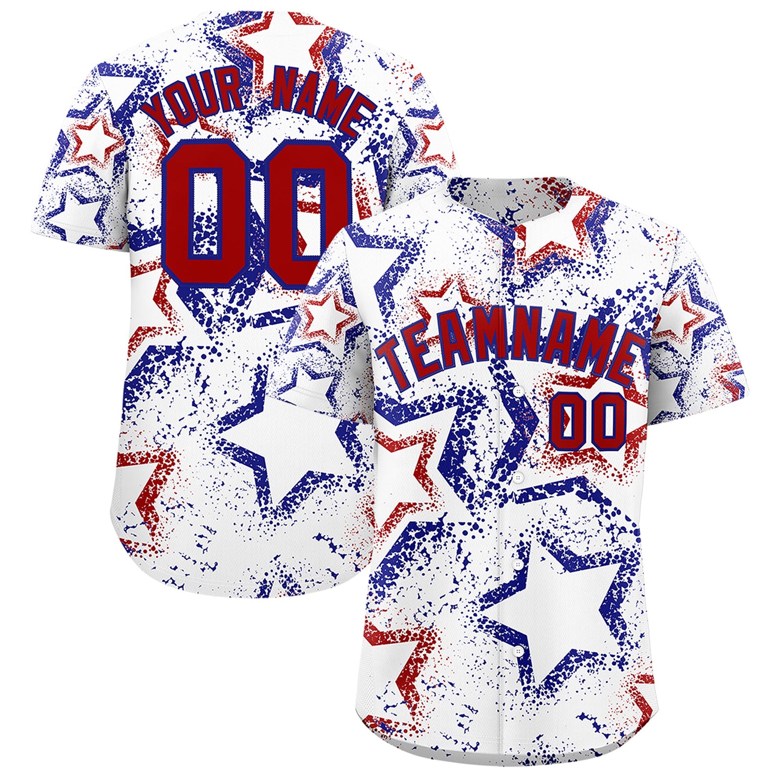 Custom White Royal Blue Red Star-Shaped Ink Texture Graffiti Pattern Baseball Jersey | Sublimation Printed & Stitched,Add Name and Numbern,Perfect for Parties,Perfect for Training | KXKSHOP