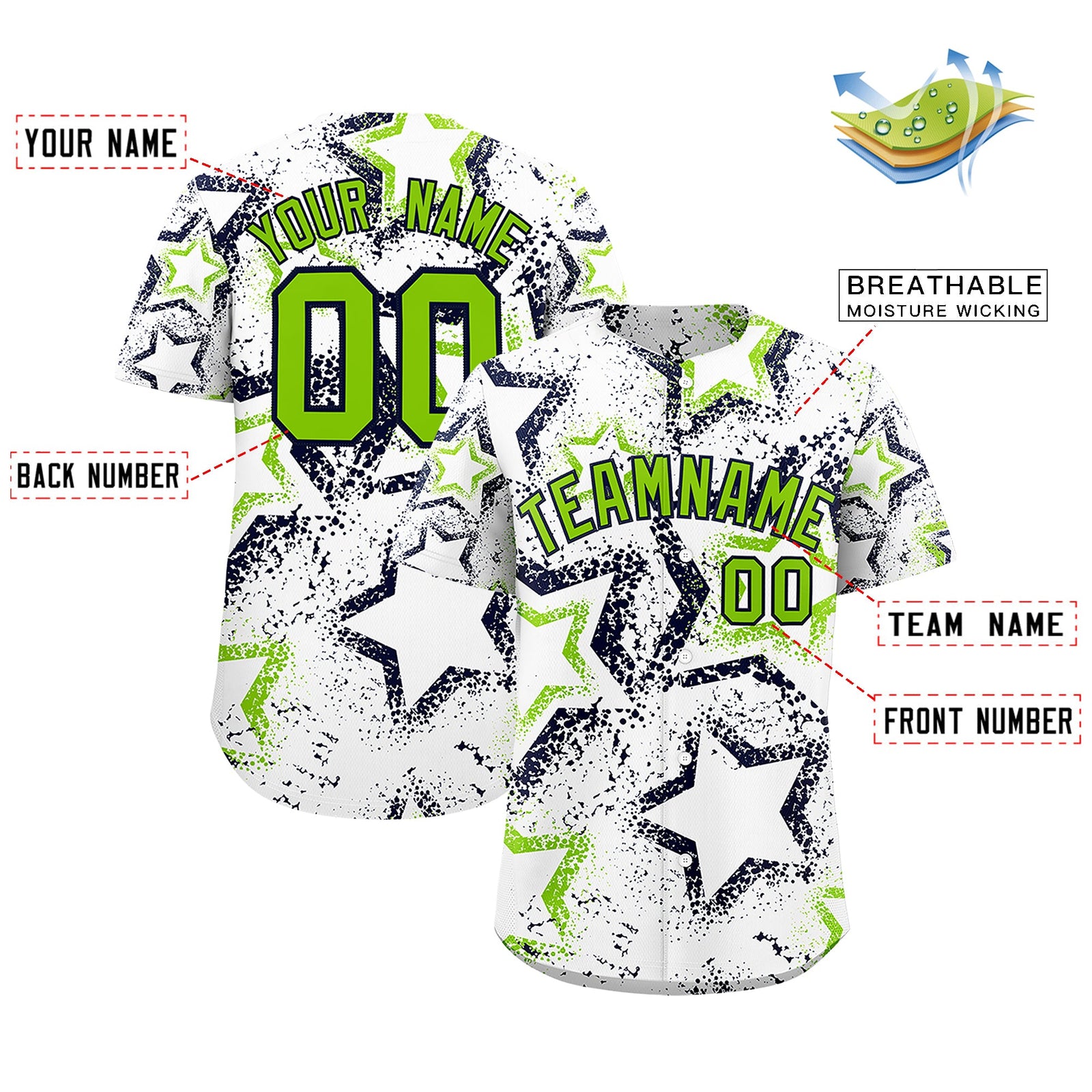 Custom White Neon Green Navy Star-Shaped Ink Texture Graffiti Pattern Baseball Jersey | Sublimation Printed & Stitched,Add Name and Numbern,Perfect for Parties,Perfect for Training | KXKSHOP