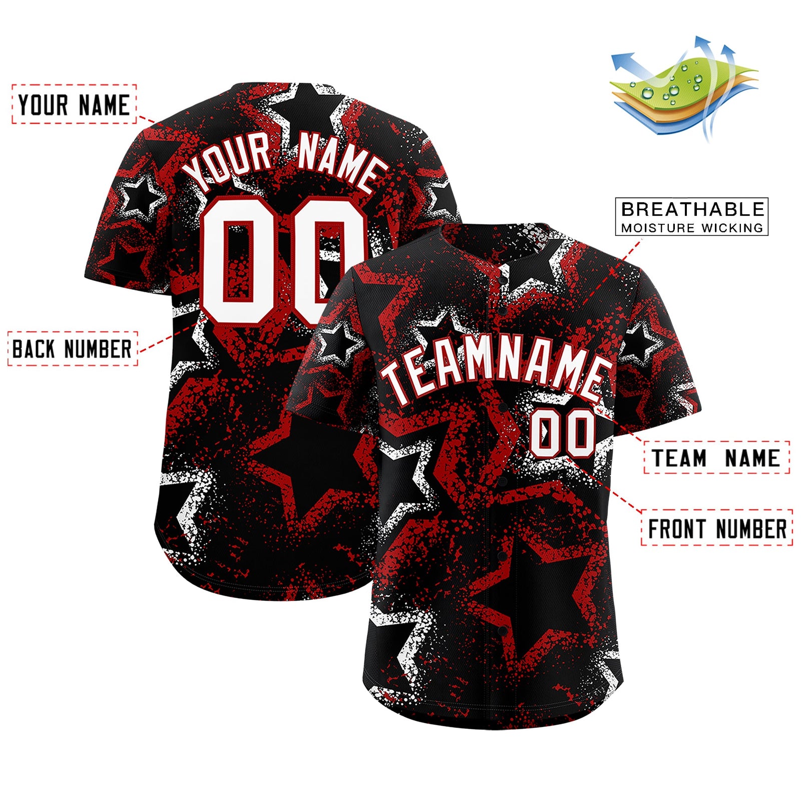 Custom Black White Red Star-Shaped Ink Texture Graffiti Pattern Baseball Jersey | Sublimation Printed & Stitched,Add Name and Numbern,Perfect for Parties,Perfect for Training | KXKSHOP
