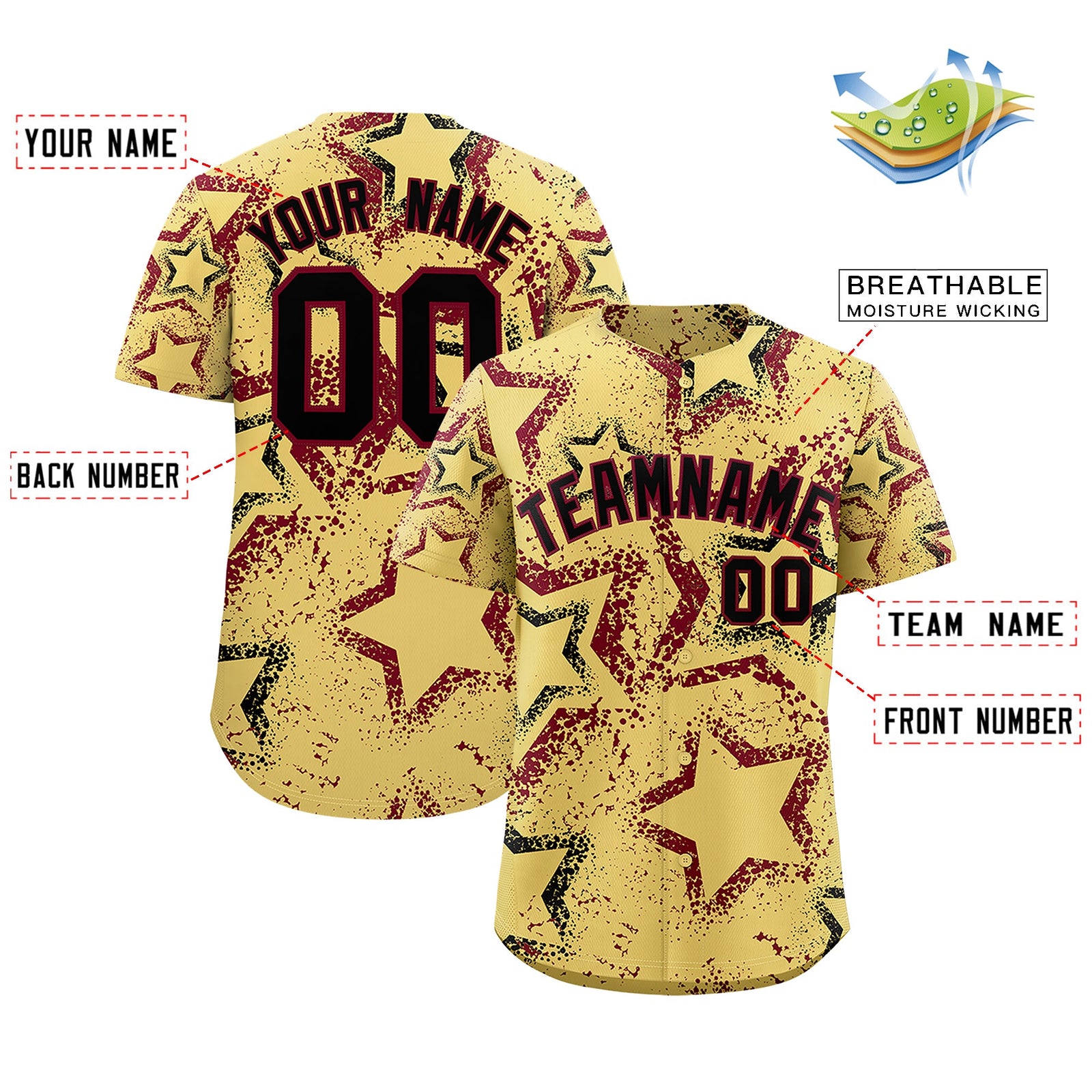 Custom Khaki Black Crimson Star-Shaped Ink Texture Graffiti Pattern Baseball Jersey | Sublimation Printed & Stitched,Add Name and Numbern,Perfect for Parties,Perfect for Training | KXKSHOP