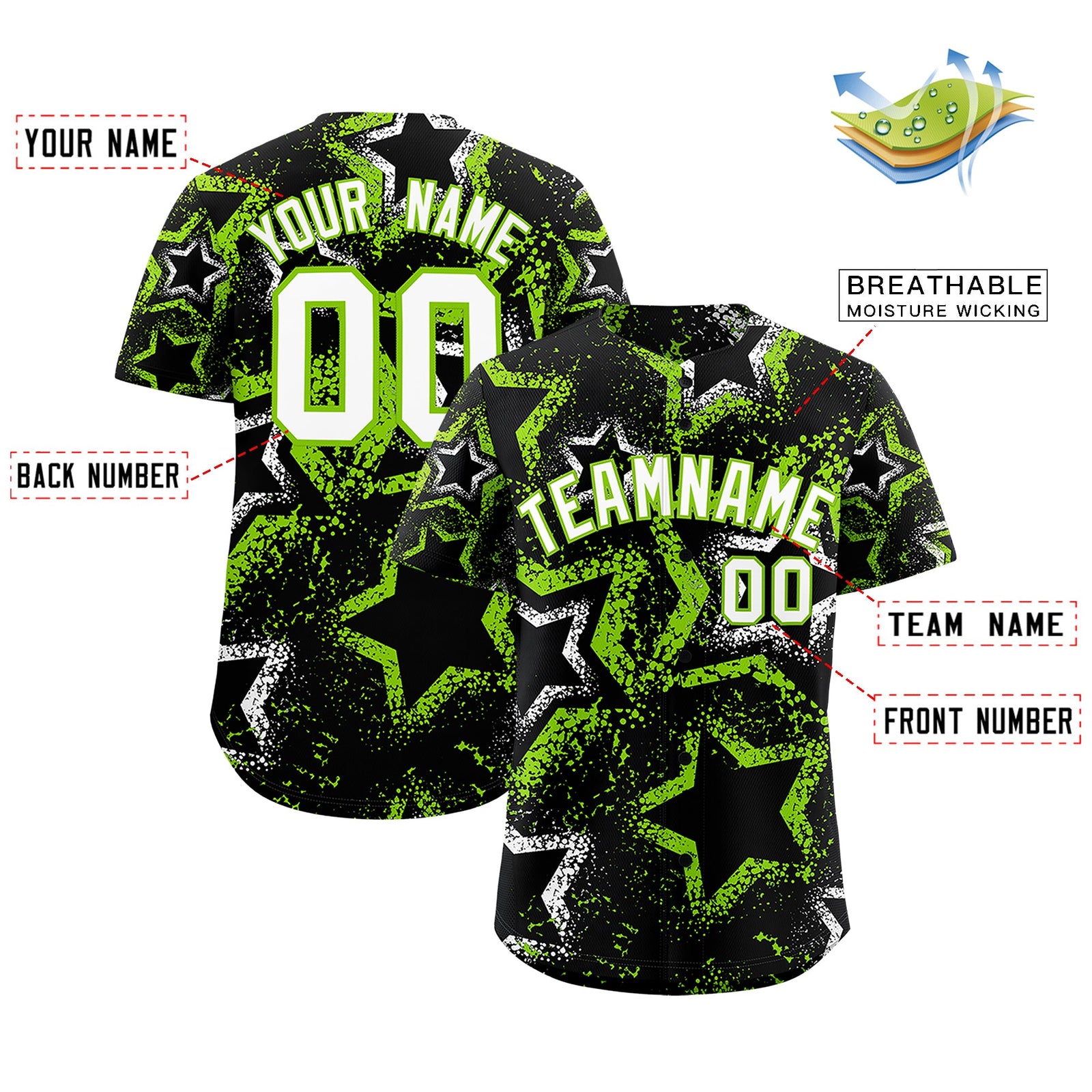 Custom Black White Neon Green Star-Shaped Ink Texture Graffiti Pattern Baseball Jersey | Sublimation Printed & Stitched,Add Name and Numbern,Perfect for Parties,Perfect for Training | KXKSHOP