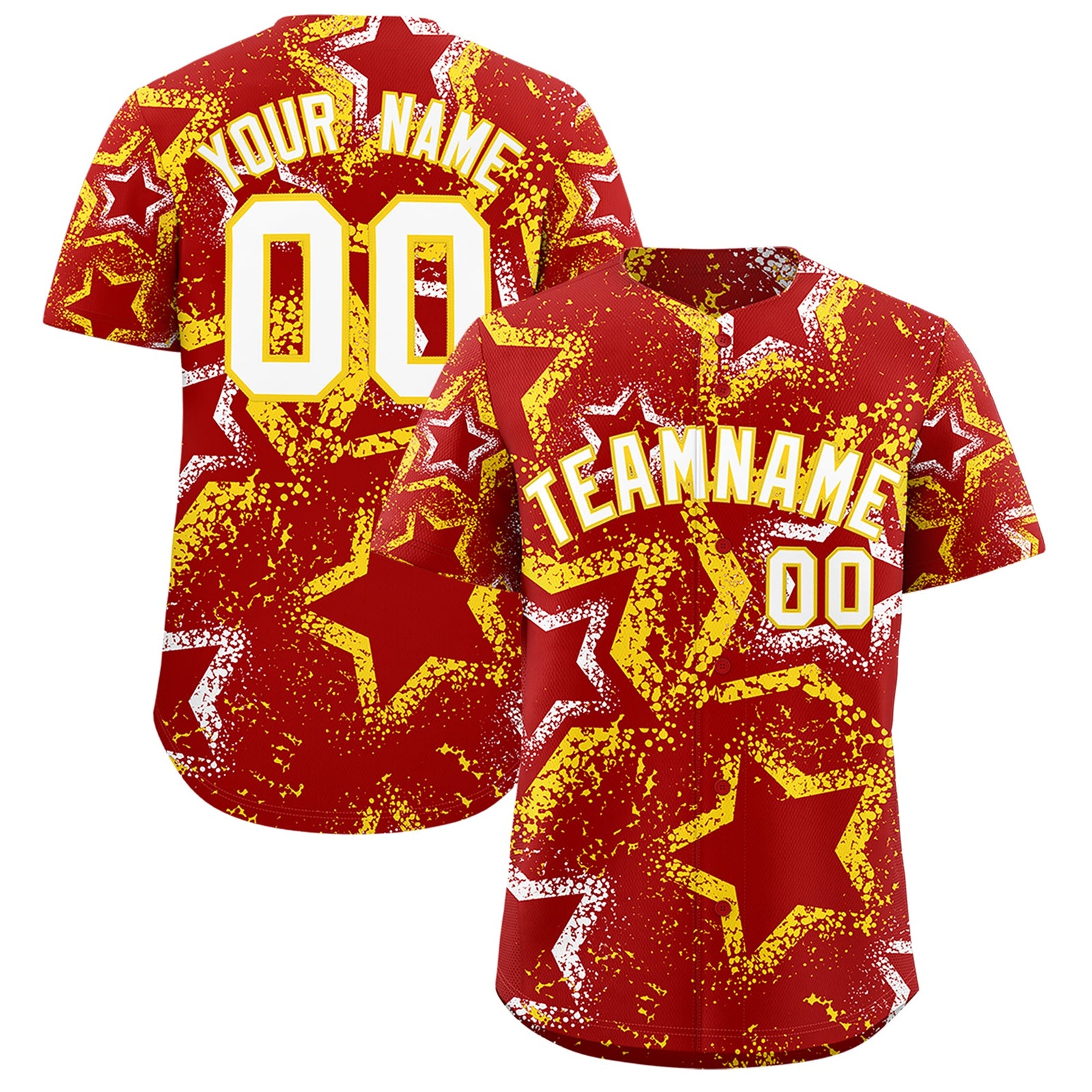 Custom Red White Gold Star-Shaped Ink Texture Graffiti Pattern Baseball Jersey | Sublimation Printed & Stitched,Add Name and Numbern,Perfect for Parties,Perfect for Training | KXKSHOP