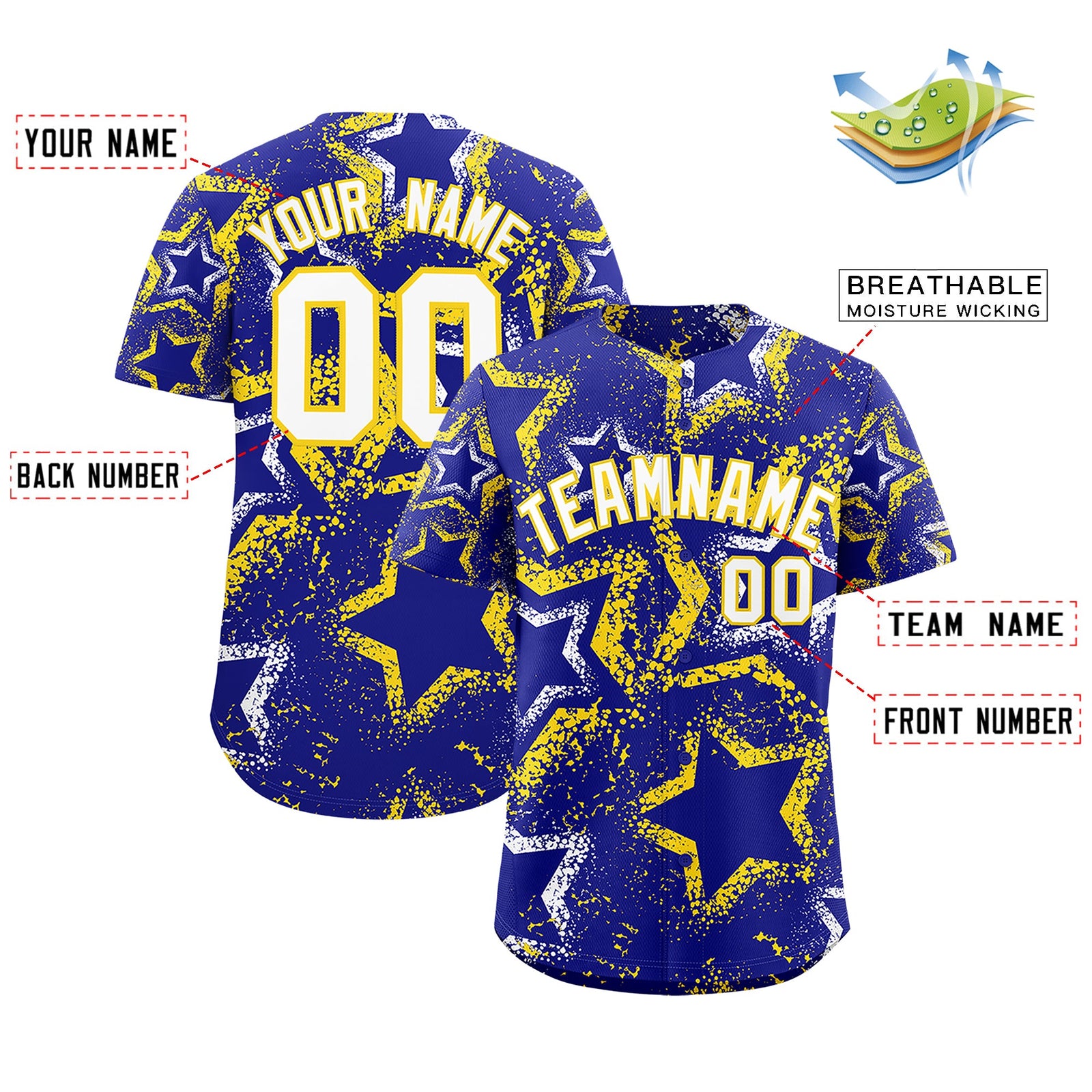 Custom Royal Blue White Gold Star-Shaped Ink Texture Graffiti Pattern Baseball Jersey | Sublimation Printed & Stitched,Add Name and Numbern,Perfect for Parties,Perfect for Training | KXKSHOP