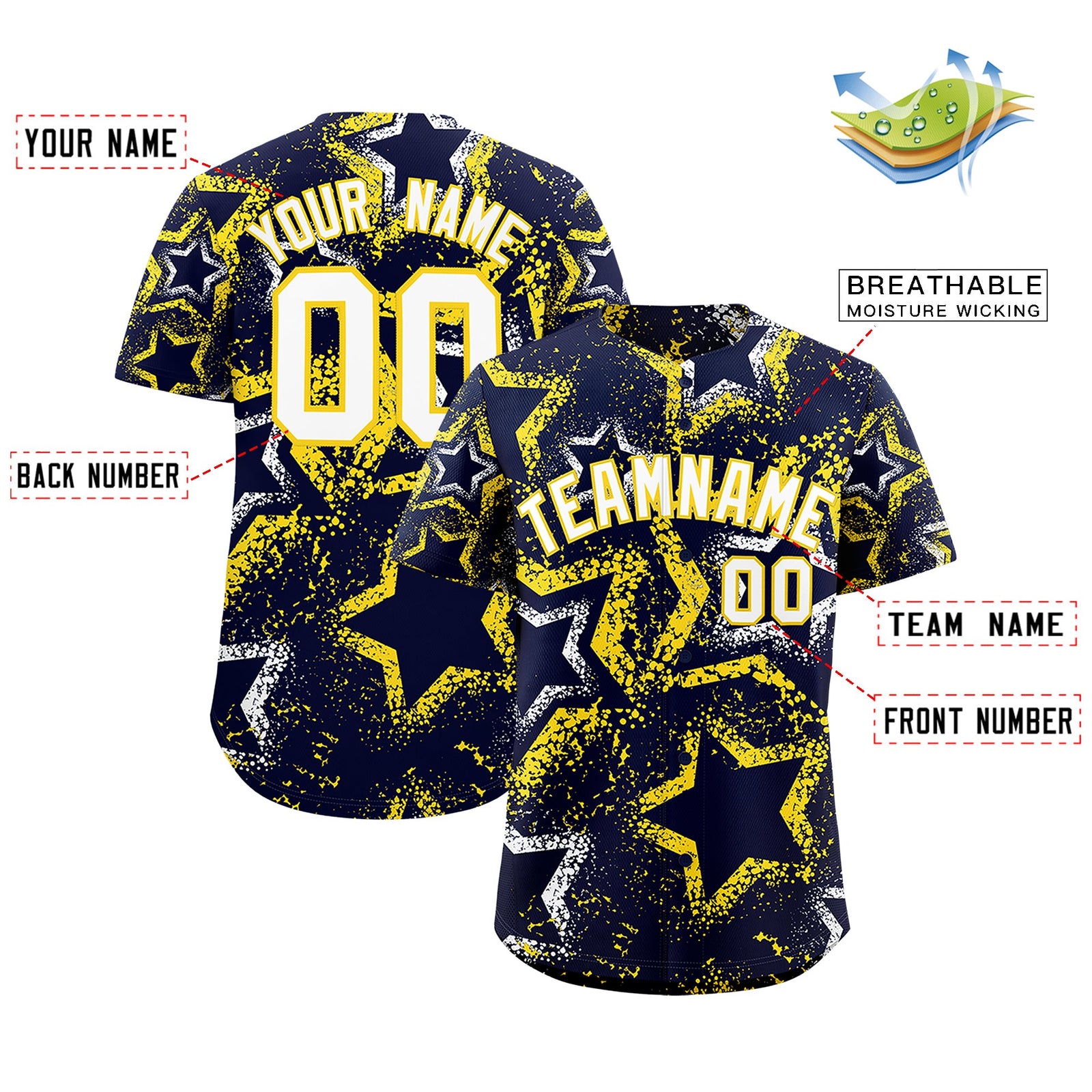 Custom Navy White Gold Star-Shaped Ink Texture Graffiti Pattern Baseball Jersey | Sublimation Printed & Stitched,Add Name and Numbern,Perfect for Parties,Perfect for Training | KXKSHOP