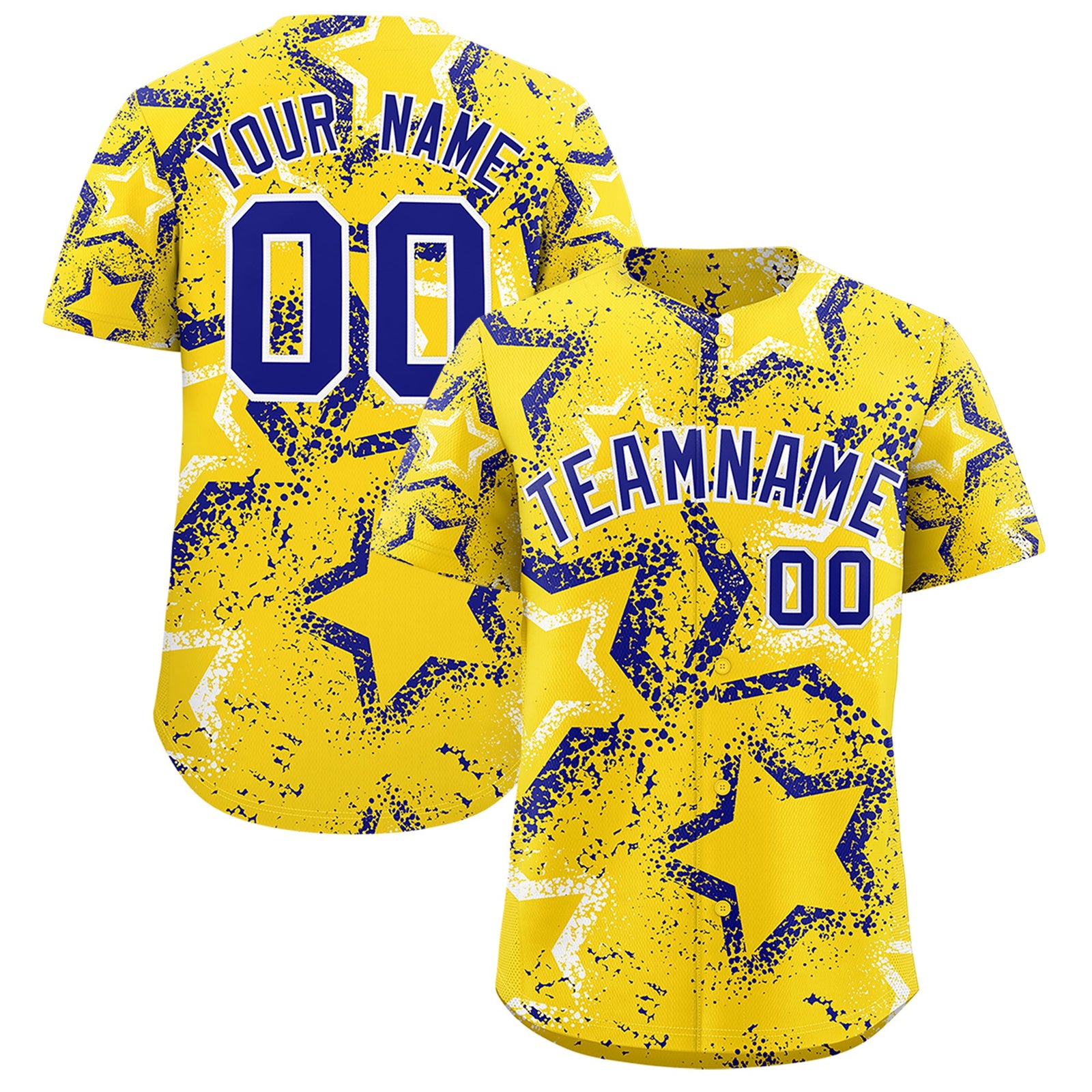 Custom Gold White Royal Blue Star-Shaped Ink Texture Graffiti Pattern Baseball Jersey | Sublimation Printed & Stitched,Add Name and Numbern,Perfect for Parties,Perfect for Training | KXKSHOP