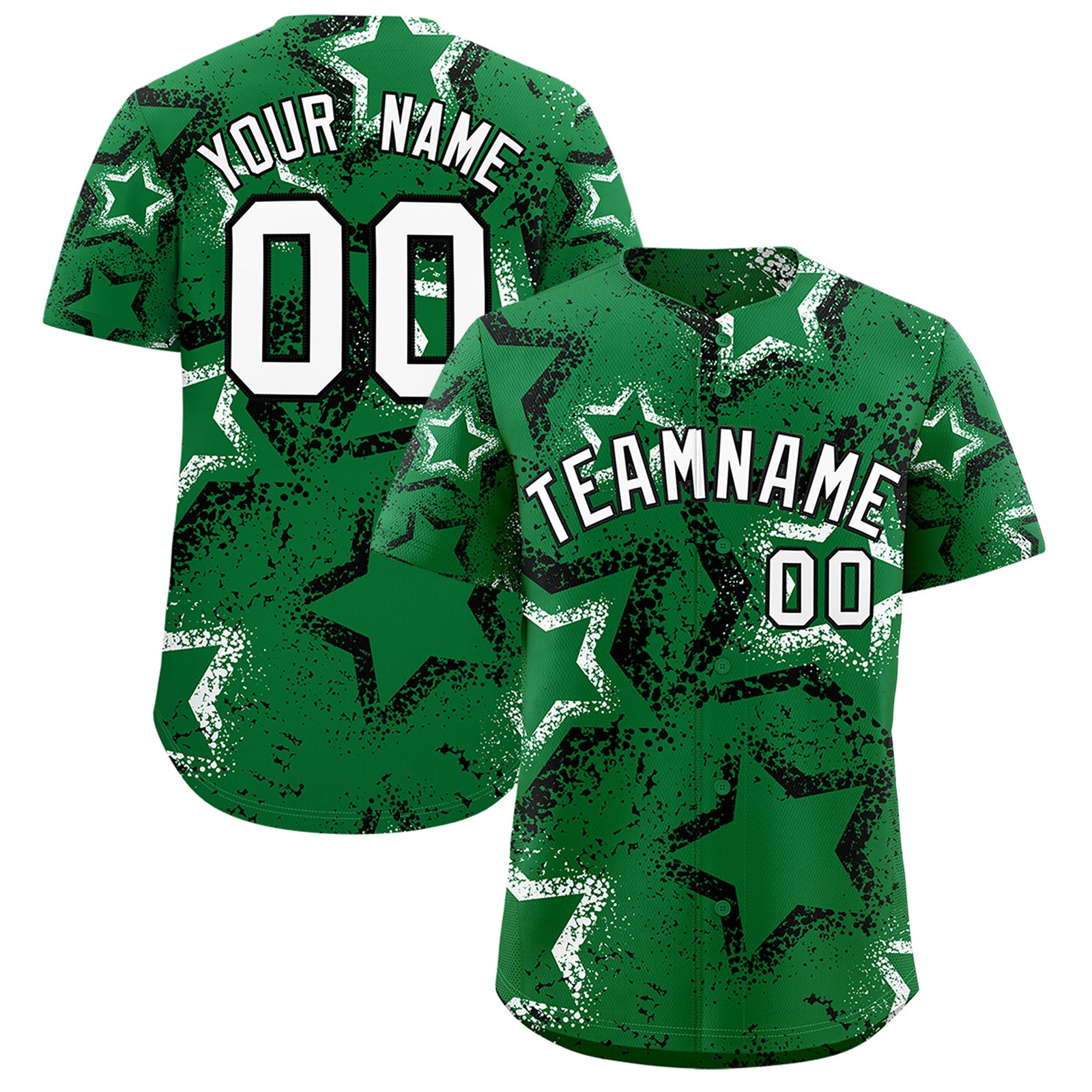 Custom Kelly Green White Star-Shaped Ink Texture Graffiti Pattern Baseball Jersey | Sublimation Printed & Stitched,Add Name and Numbern,Perfect for Parties,Perfect for Training | KXKSHOP