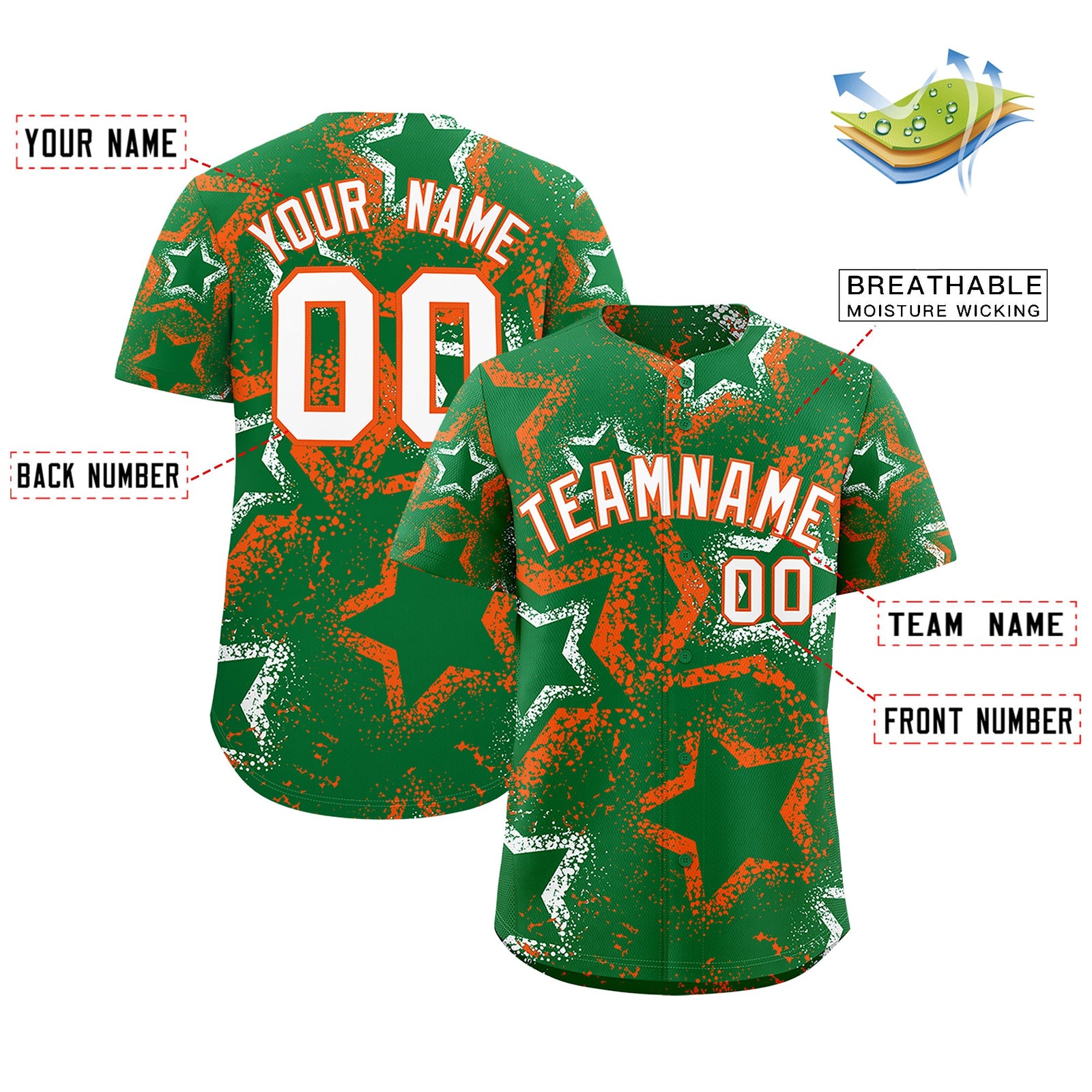 Custom Kelly Green White Orange Star-Shaped Ink Texture Graffiti Pattern Baseball Jersey | Sublimation Printed & Stitched,Add Name and Numbern,Perfect for Parties,Perfect for Training | KXKSHOP