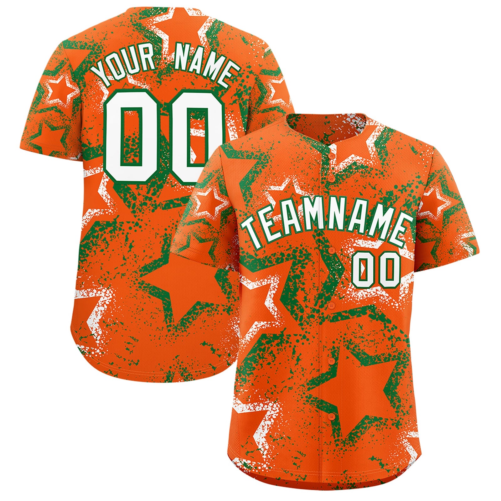 Custom Orange Kelly Green White Star-Shaped Ink Texture Graffiti Pattern Baseball Jersey | Sublimation Printed & Stitched,Add Name and Numbern,Perfect for Parties,Perfect for Training | KXKSHOP