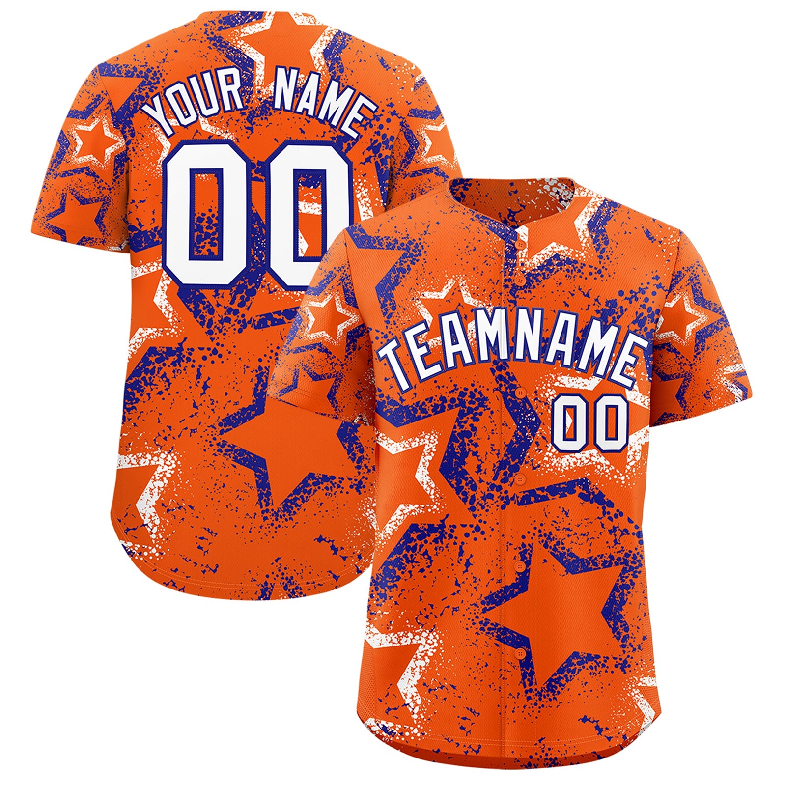 Custom Orange White Royal Blue Star-Shaped Ink Texture Graffiti Pattern Baseball Jersey | Sublimation Printed & Stitched,Add Name and Numbern,Perfect for Parties,Perfect for Training | KXKSHOP