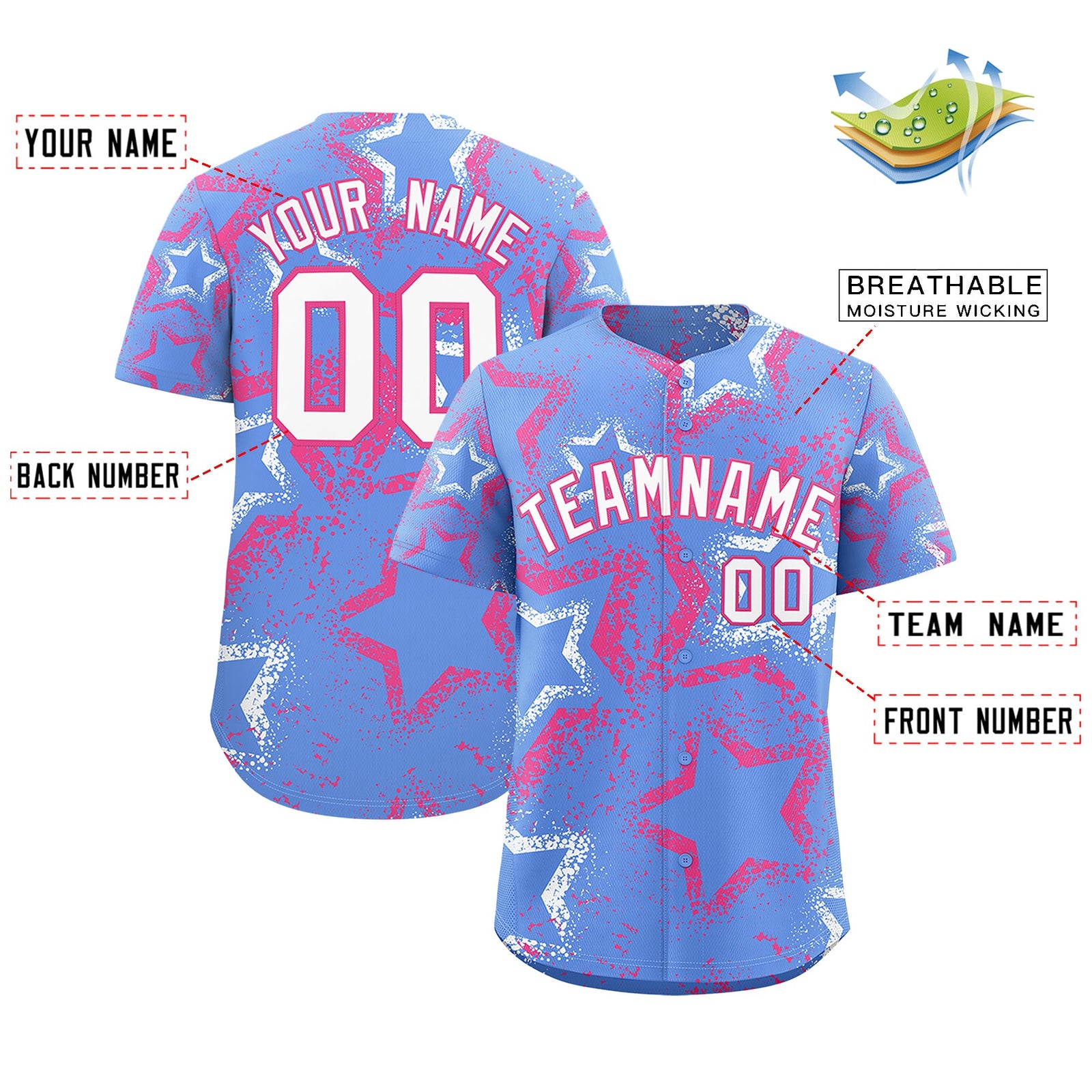 Custom Light Blue White Pink Star-Shaped Ink Texture Graffiti Pattern Baseball Jersey | Sublimation Printed & Stitched,Add Name and Numbern,Perfect for Parties,Perfect for Training | KXKSHOP