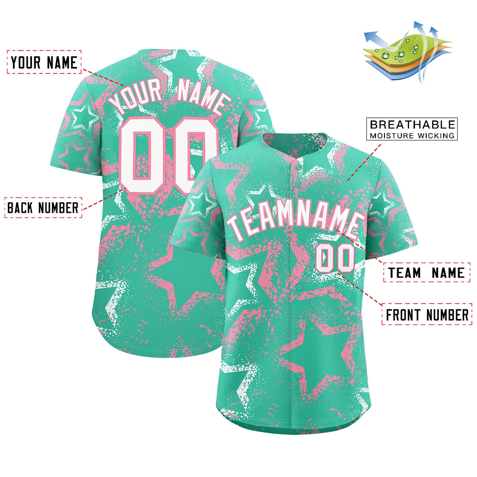 Custom Bright Green White Light Pink Star-Shaped Ink Texture Graffiti Pattern Baseball Jersey | Sublimation Printed & Stitched,Add Name and Numbern,Perfect for Parties,Perfect for Training | KXKSHOP