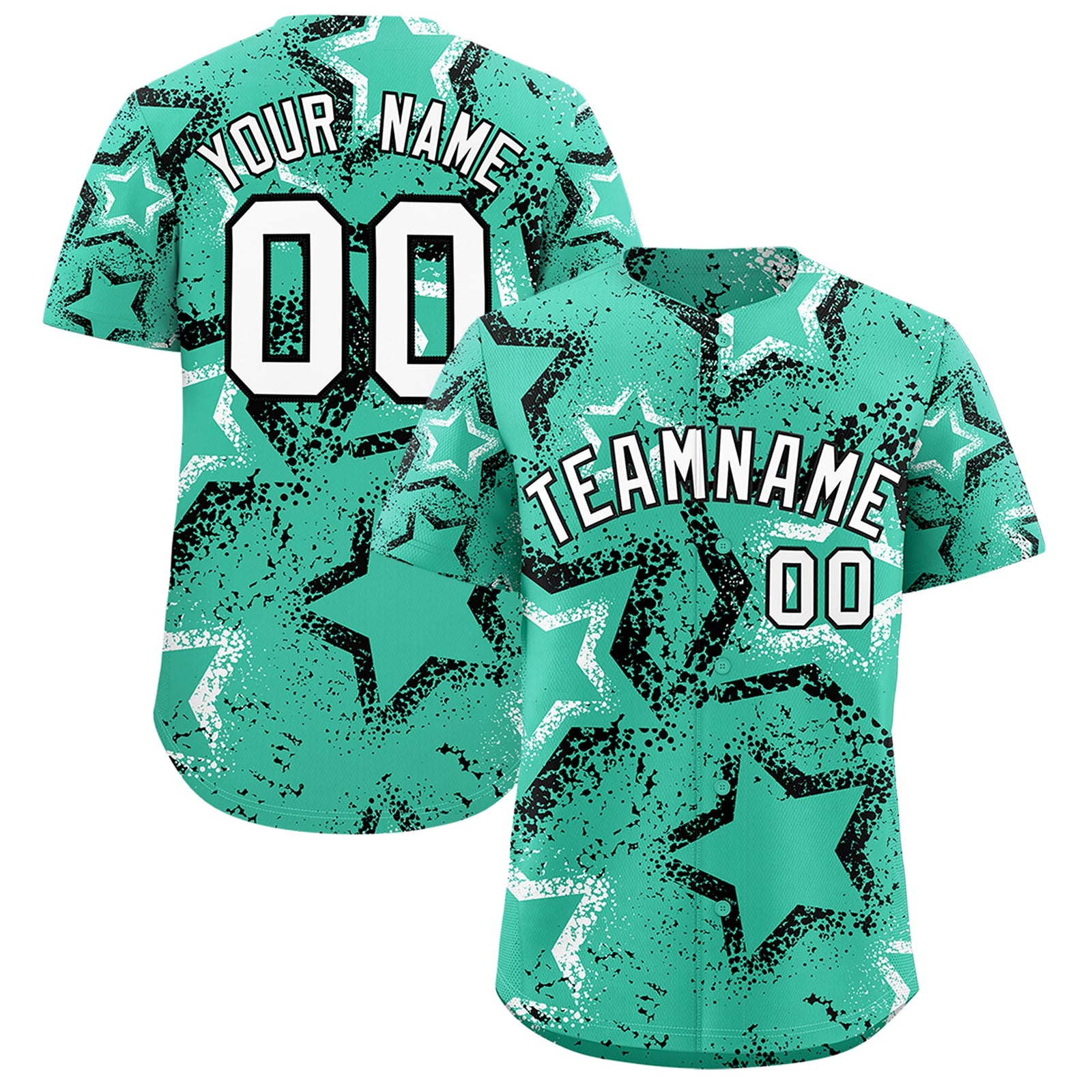 Custom Bright Green White Black Star-Shaped Ink Texture Graffiti Pattern Baseball Jersey | Sublimation Printed & Stitched,Add Name and Numbern,Perfect for Parties,Perfect for Training | KXKSHOP