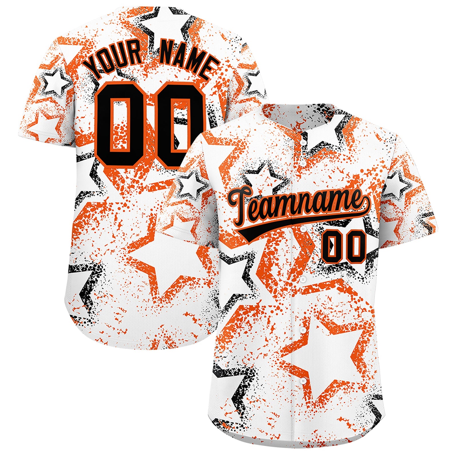 Custom White Orange Black Star-Shaped Ink Texture Graffiti Pattern Baseball Jersey | Sublimation Printed & Stitched,Add Name and Numbern,Perfect for Parties,Perfect for Training | KXKSHOP