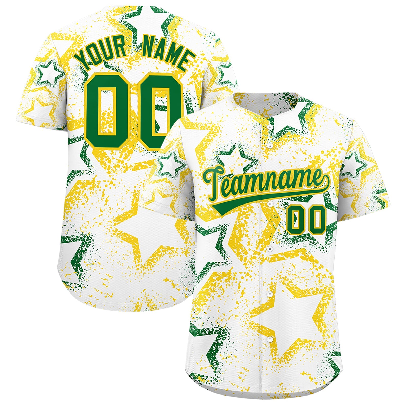 Custom White Gold Kelly Green Star-Shaped Ink Texture Graffiti Pattern Baseball Jersey | Sublimation Printed & Stitched,Add Name and Numbern,Perfect for Parties,Perfect for Training | KXKSHOP