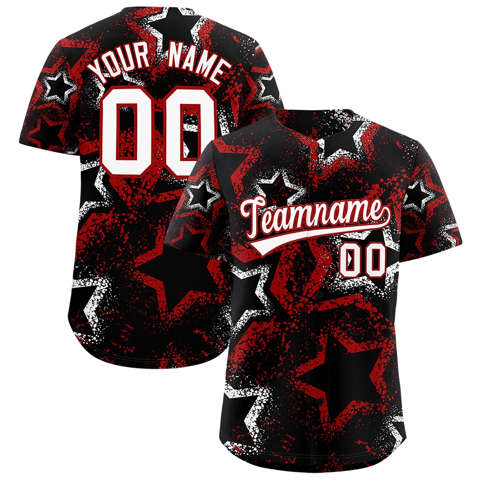 Custom Black White Red Star-Shaped Ink Texture Graffiti Pattern Baseball Jersey | Sublimation Printed & Stitched,Add Name and Numbern,Perfect for Parties,Perfect for Training | KXKSHOP