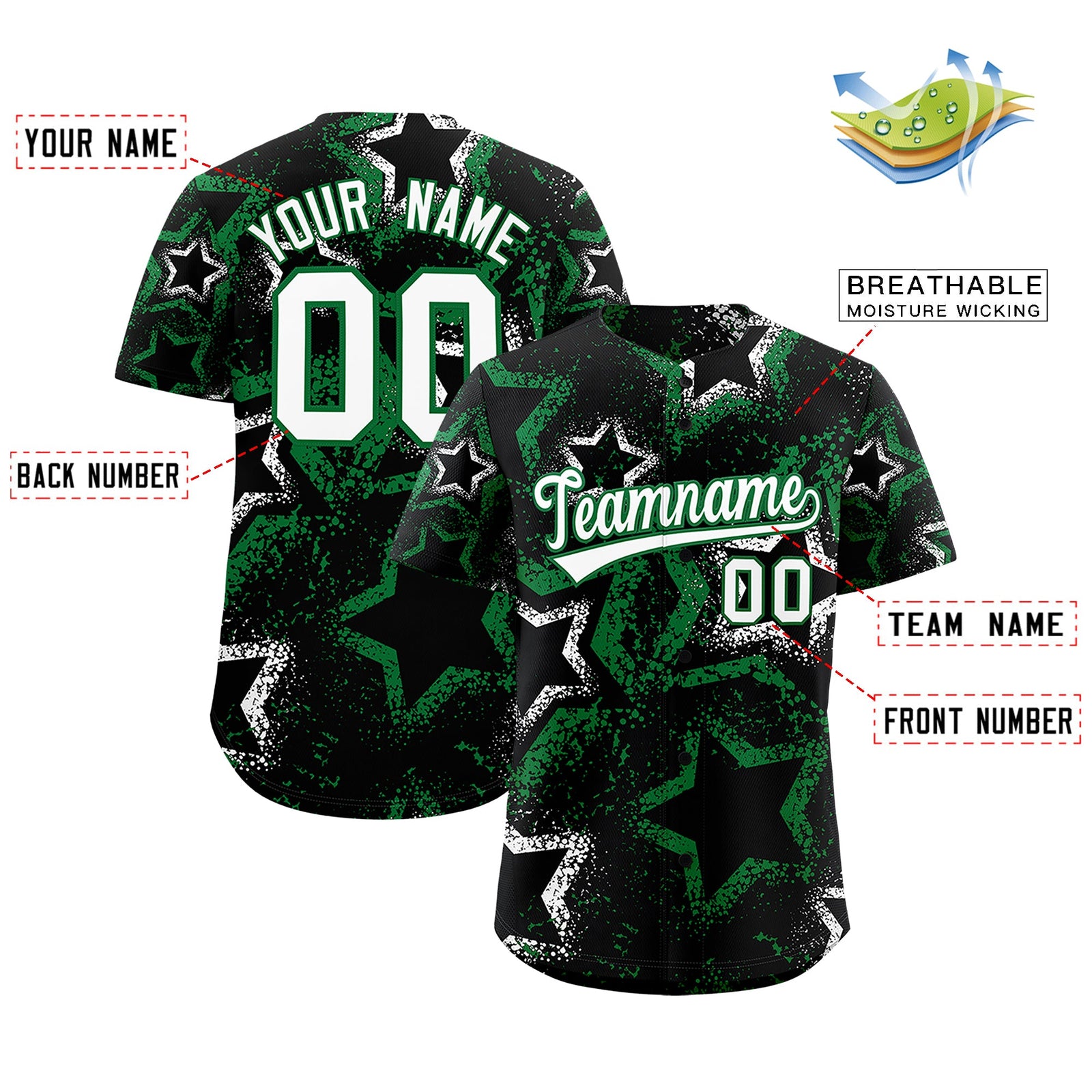 Custom Black White Kelly Green Star-Shaped Ink Texture Graffiti Pattern Baseball Jersey | Sublimation Printed & Stitched,Add Name and Numbern,Perfect for Parties,Perfect for Training | KXKSHOP