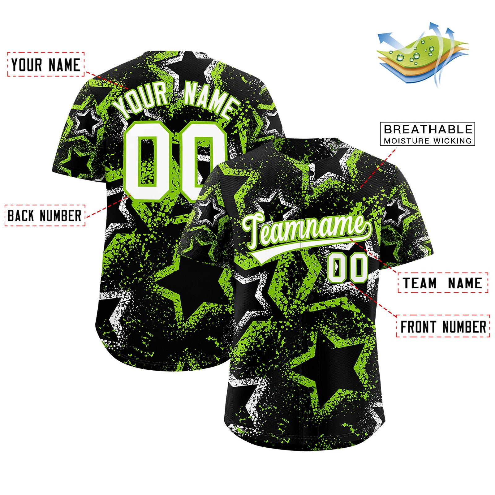 Custom Black White Neon Green Star-Shaped Ink Texture Graffiti Pattern Baseball Jersey | Sublimation Printed & Stitched,Add Name and Numbern,Perfect for Parties,Perfect for Training | KXKSHOP