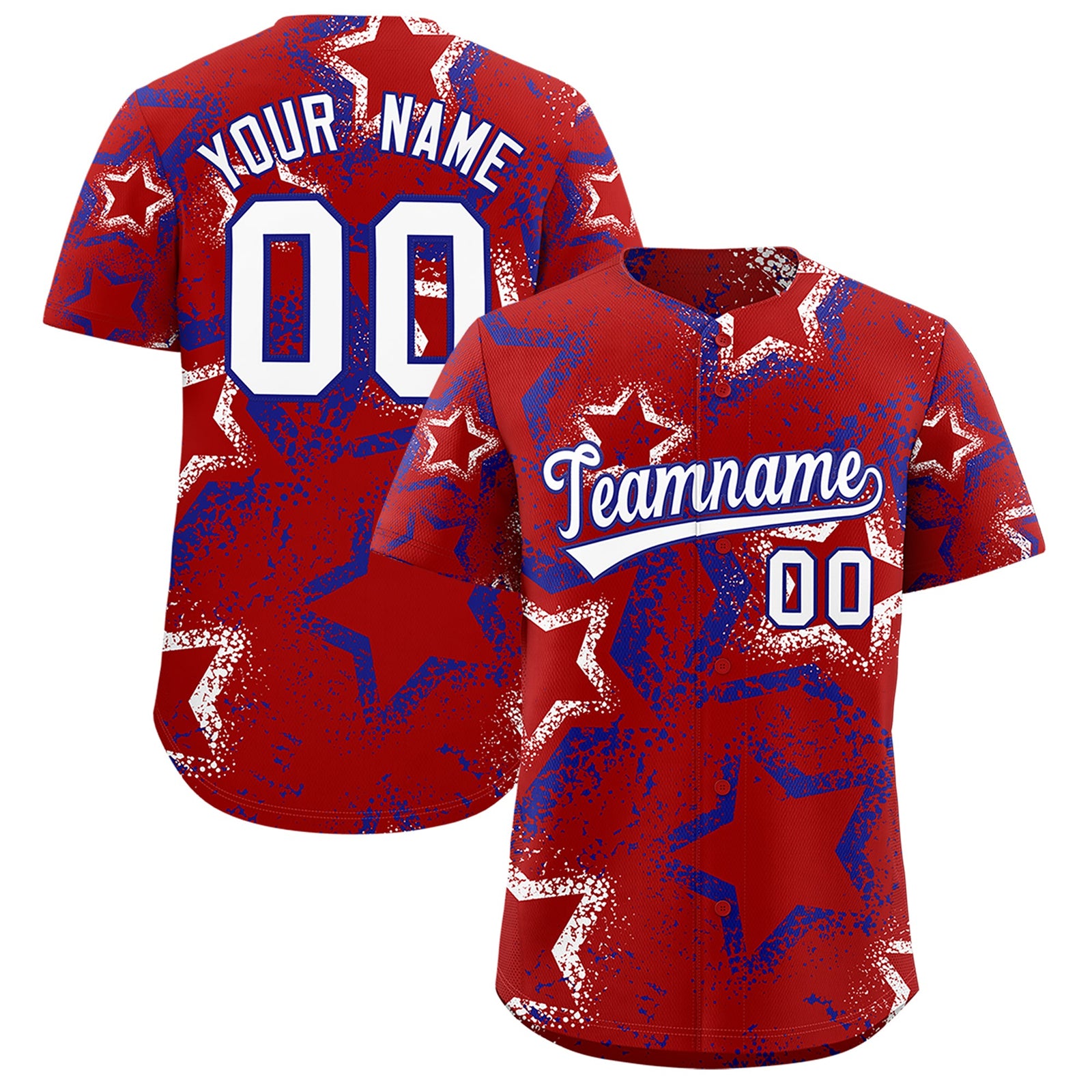 Custom Red White Royal Blue Star-Shaped Ink Texture Graffiti Pattern Baseball Jersey | Sublimation Printed & Stitched,Add Name and Numbern,Perfect for Parties,Perfect for Training | KXKSHOP
