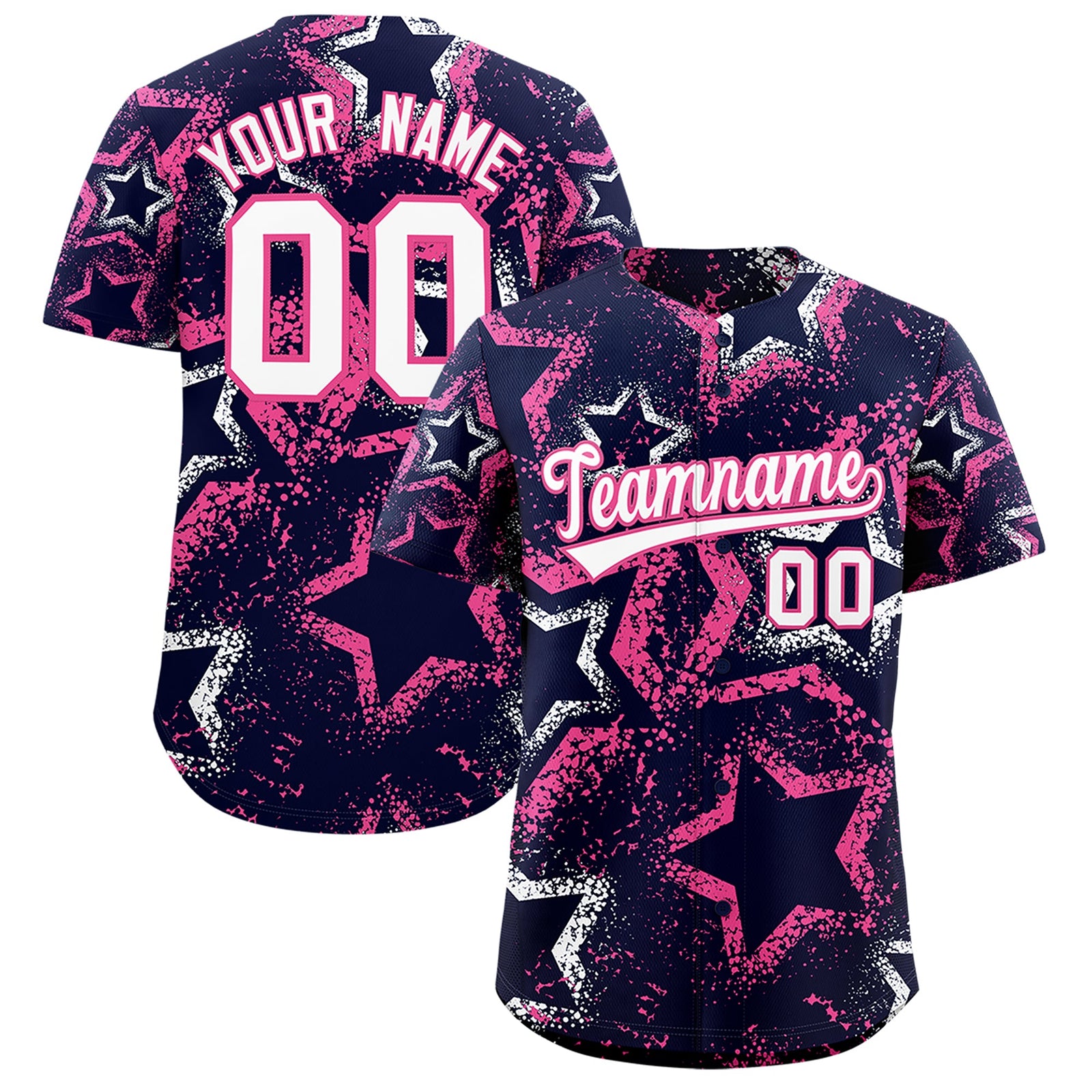 Custom Navy White Pink Star-Shaped Ink Texture Graffiti Pattern Baseball Jersey | Sublimation Printed & Stitched,Add Name and Numbern,Perfect for Parties,Perfect for Training | KXKSHOP