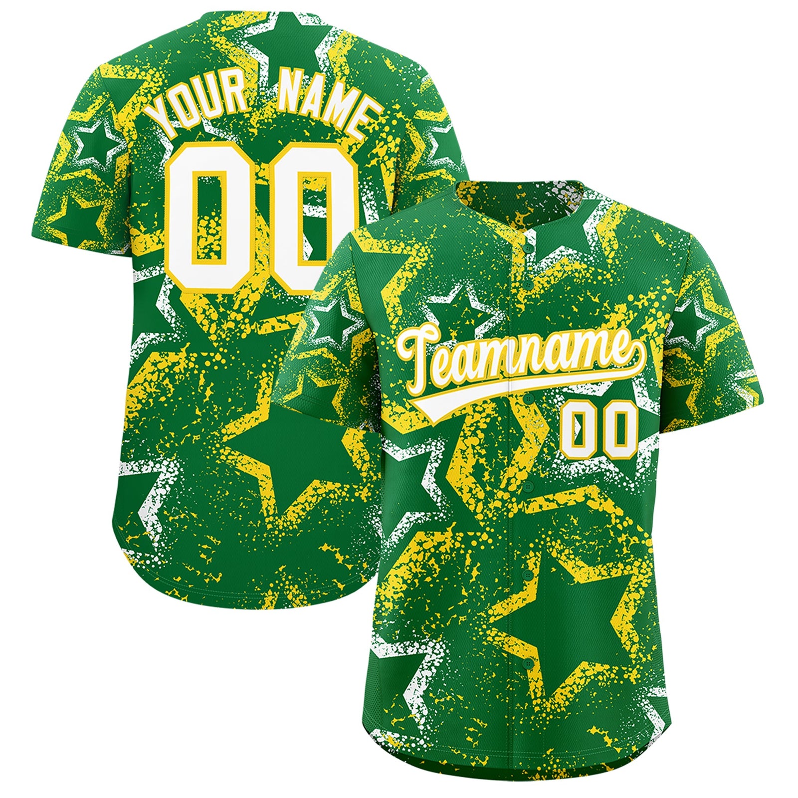 Custom Kelly Green White Gold Star-Shaped Ink Texture Graffiti Pattern Baseball Jersey | Sublimation Printed & Stitched,Add Name and Numbern,Perfect for Parties,Perfect for Training | KXKSHOP