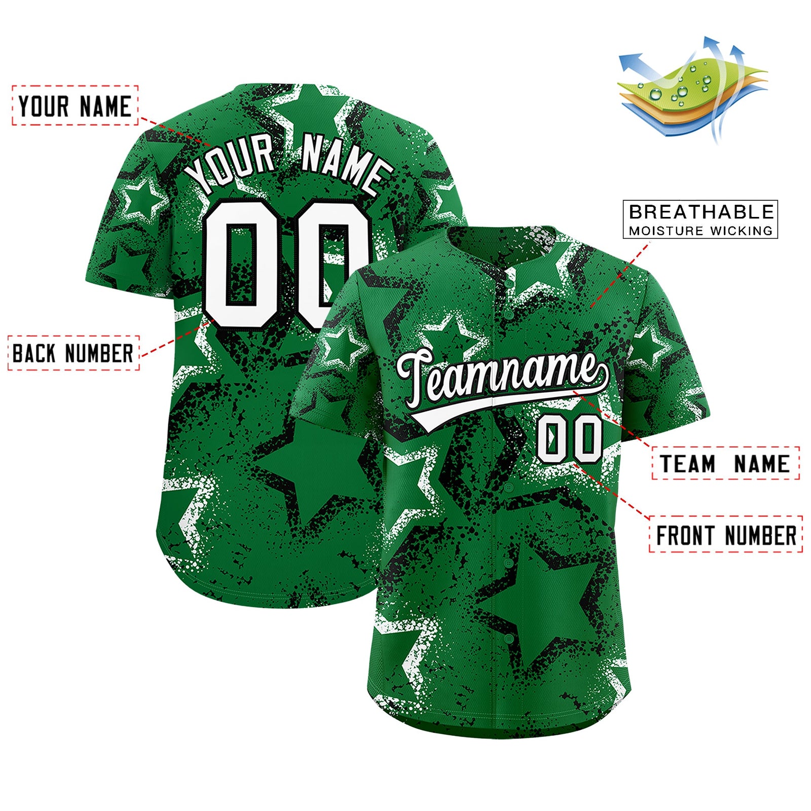 Custom Kelly Green White Star-Shaped Ink Texture Graffiti Pattern Baseball Jersey | Sublimation Printed & Stitched,Add Name and Numbern,Perfect for Parties,Perfect for Training | KXKSHOP