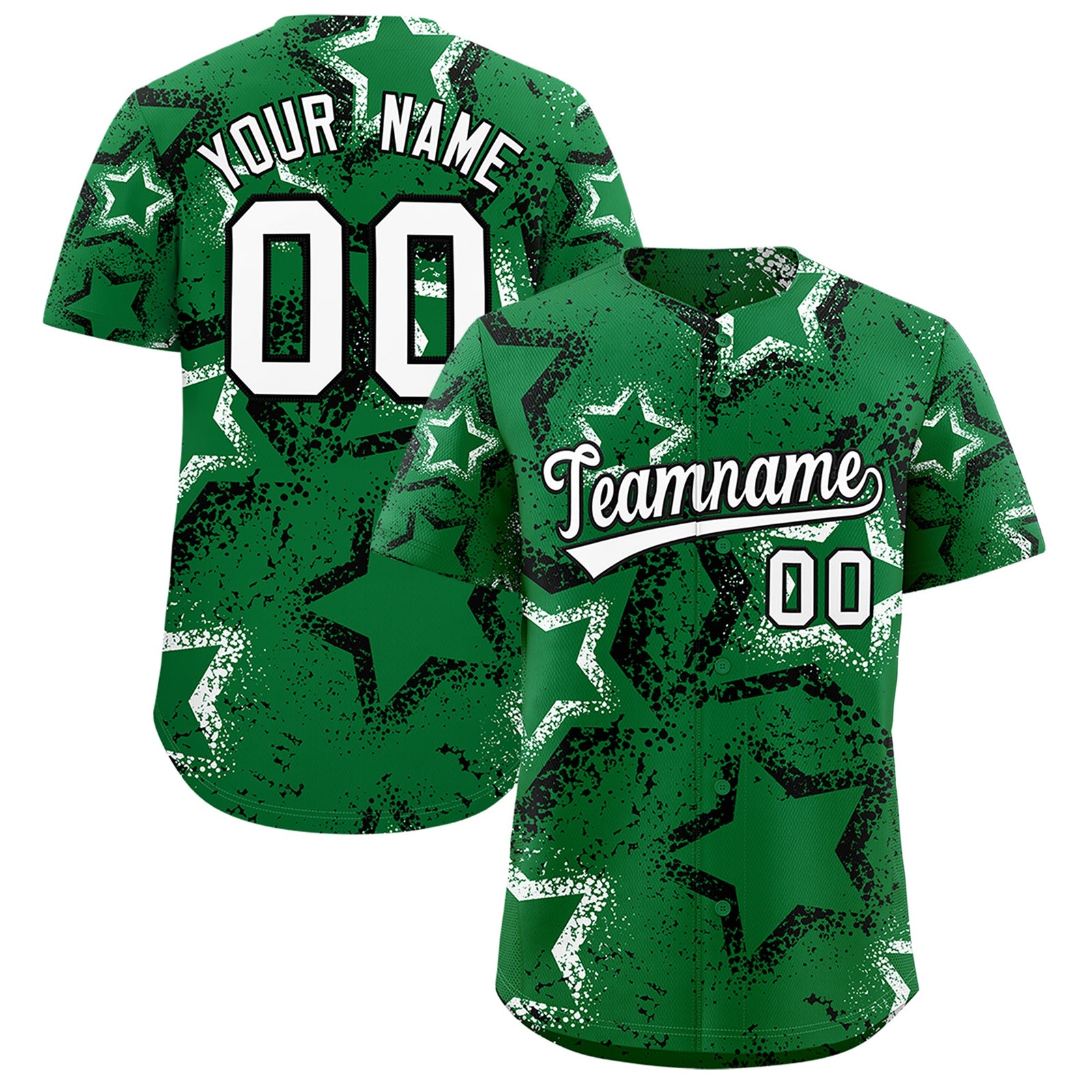 Custom Kelly Green White Star-Shaped Ink Texture Graffiti Pattern Baseball Jersey | Sublimation Printed & Stitched,Add Name and Numbern,Perfect for Parties,Perfect for Training | KXKSHOP