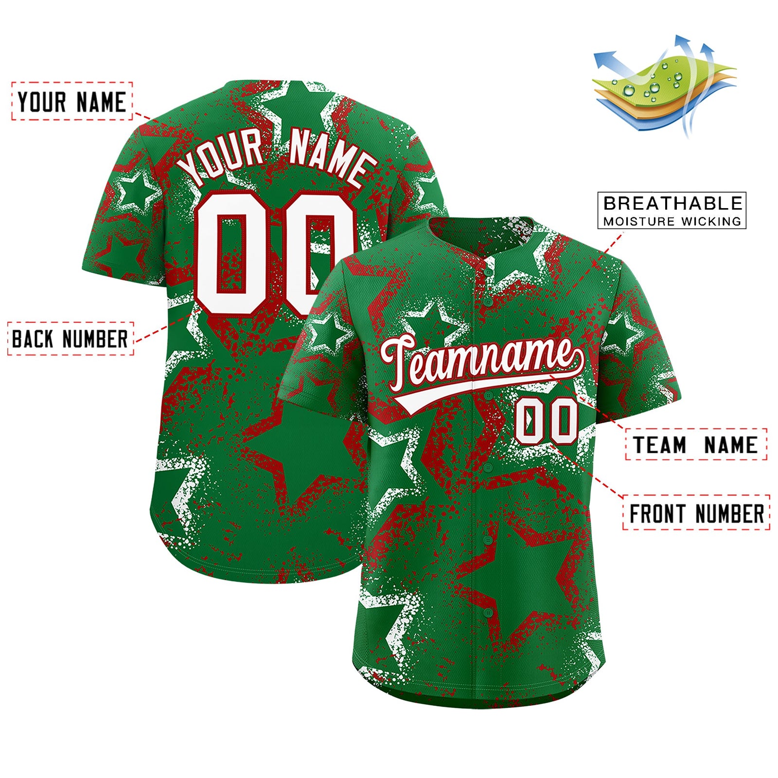 Custom Kelly Green White Red Star-Shaped Ink Texture Graffiti Pattern Baseball Jersey | Sublimation Printed & Stitched,Add Name and Numbern,Perfect for Parties,Perfect for Training | KXKSHOP