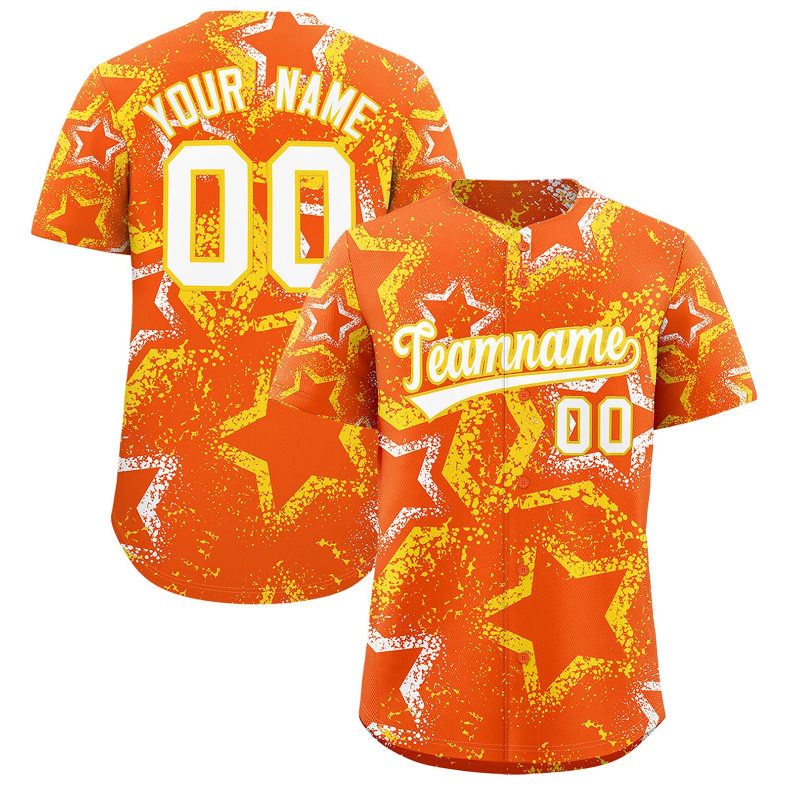 Custom Orange White Gold Star-Shaped Ink Texture Graffiti Pattern Baseball Jersey | Sublimation Printed & Stitched,Add Name and Numbern,Perfect for Parties,Perfect for Training | KXKSHOP