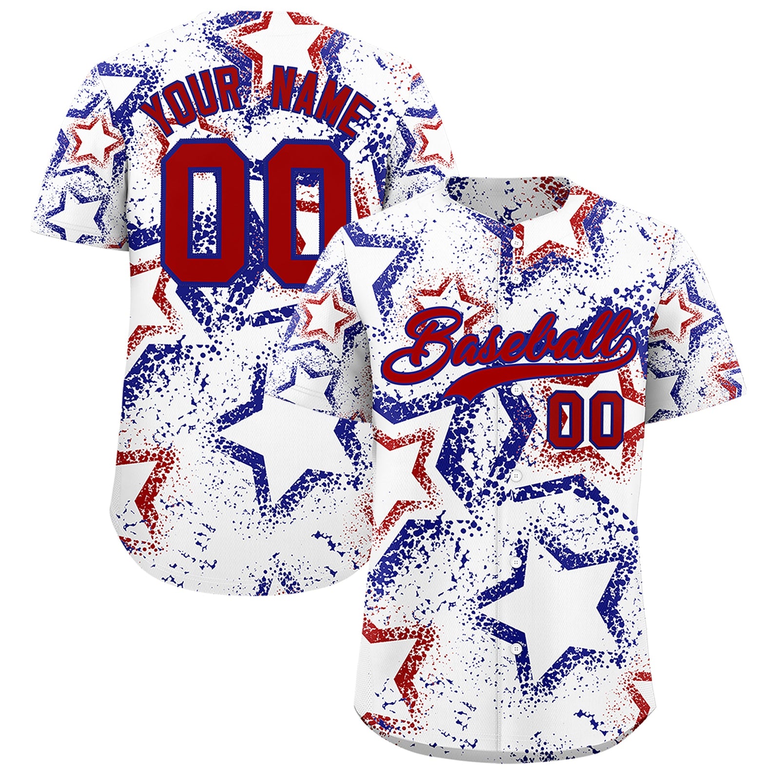 Custom White Royal Blue Red Star-Shaped Ink Texture Graffiti Pattern Baseball Jersey | Sublimation Printed & Stitched,Add Name and Numbern,Perfect for Parties,Perfect for Training | KXKSHOP