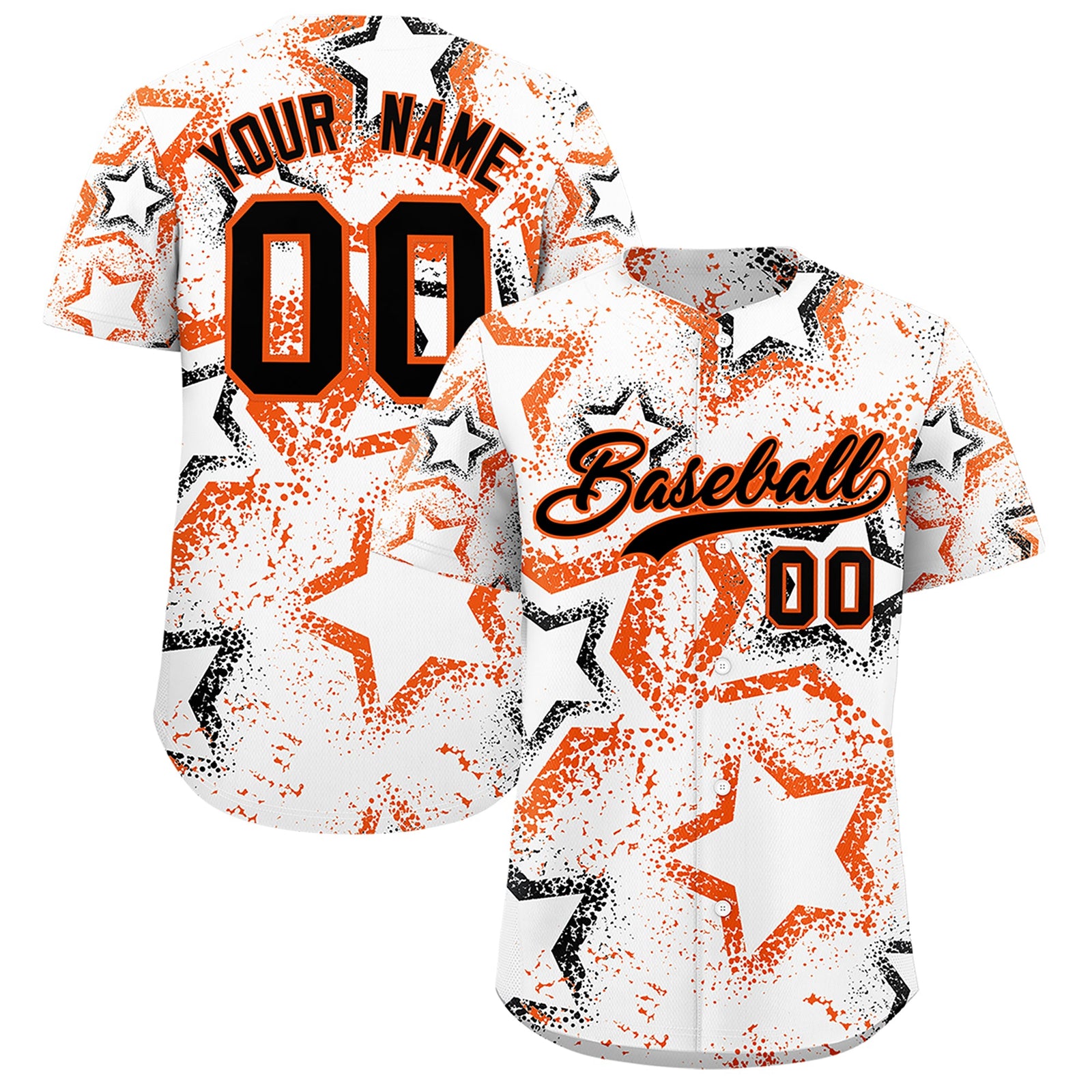 Custom White Orange Black Star-Shaped Ink Texture Graffiti Pattern Baseball Jersey | Sublimation Printed & Stitched,Add Name and Numbern,Perfect for Parties,Perfect for Training | KXKSHOP