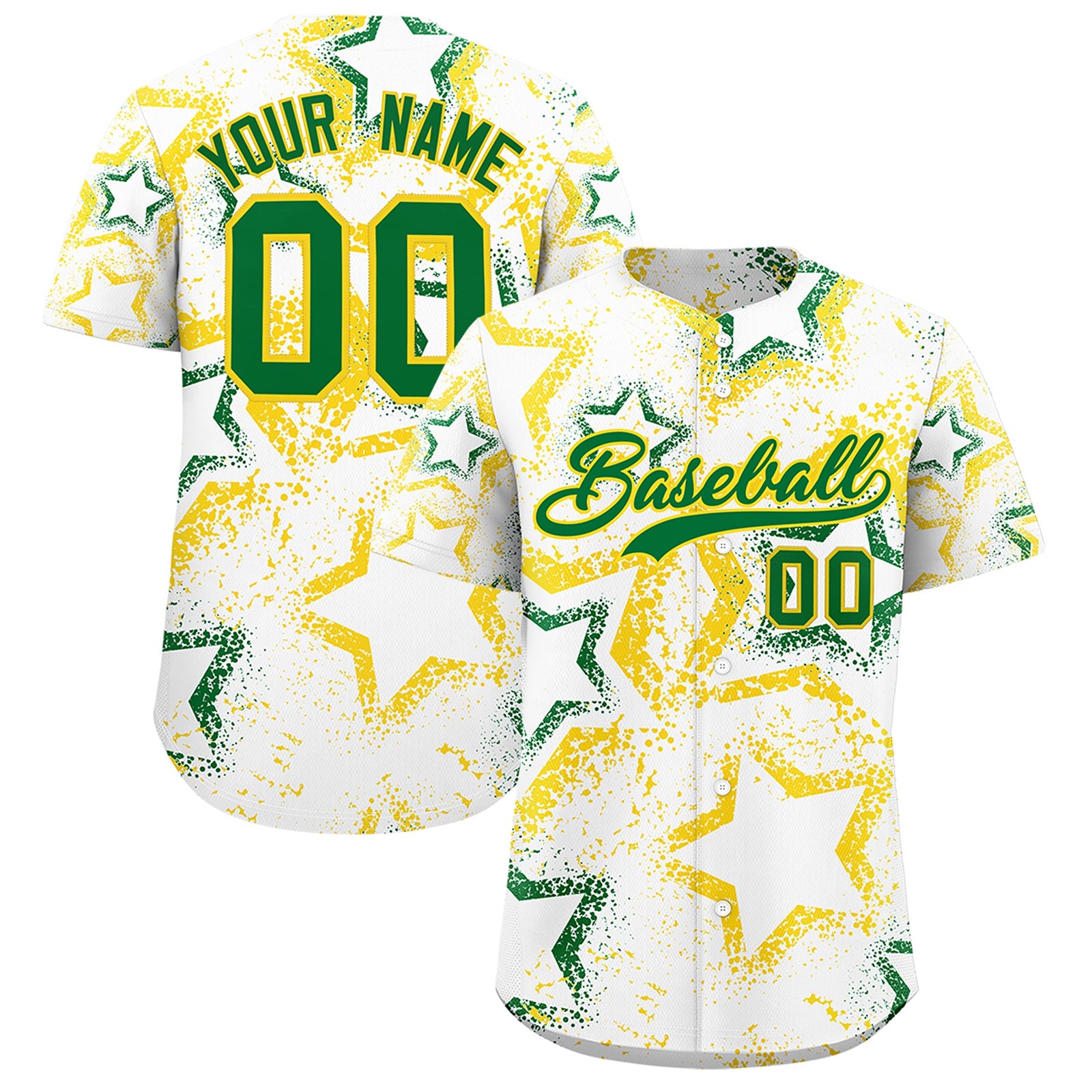 Custom White Gold Kelly Green Star-Shaped Ink Texture Graffiti Pattern Baseball Jersey | Sublimation Printed & Stitched,Add Name and Numbern,Perfect for Parties,Perfect for Training | KXKSHOP