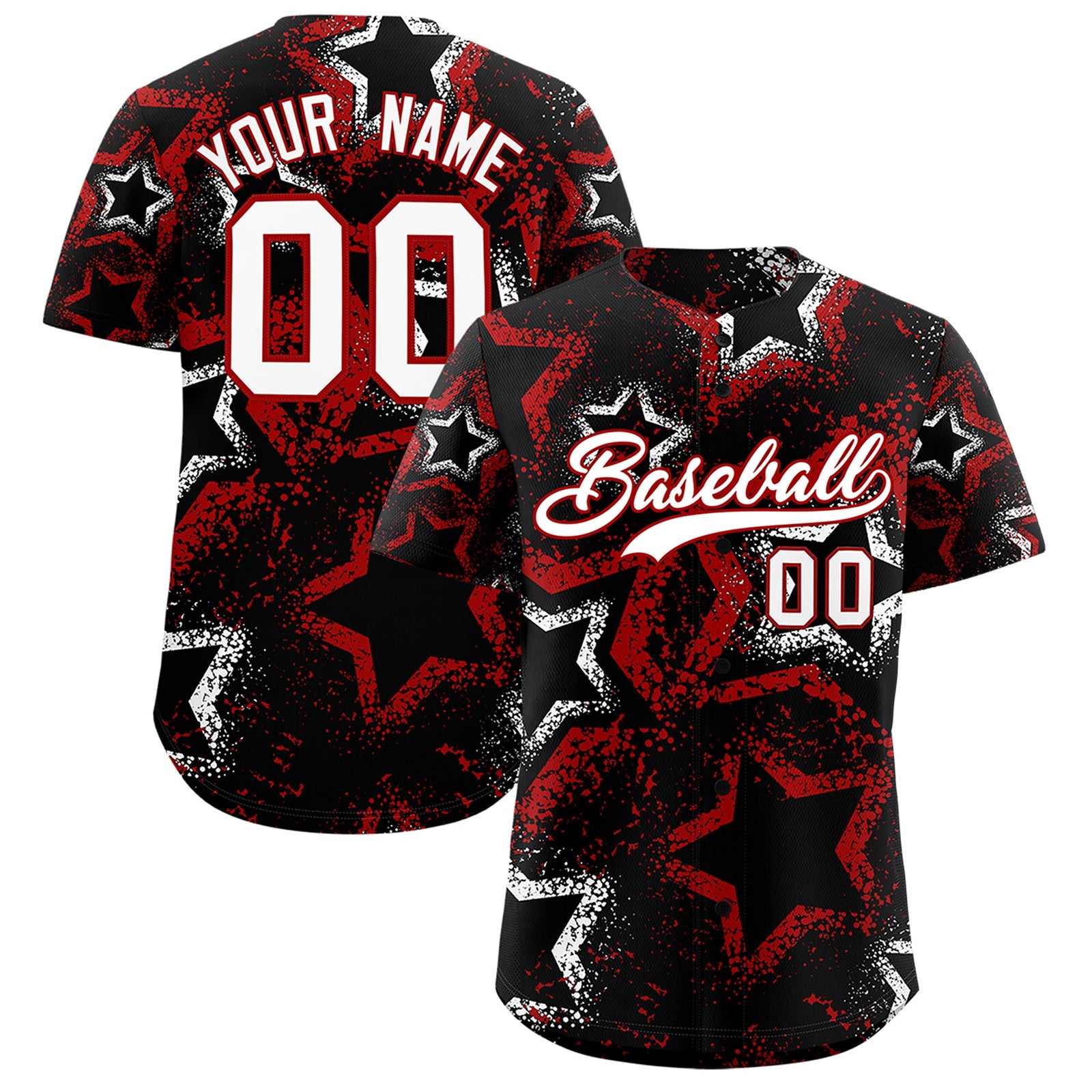 Custom Black White Red Star-Shaped Ink Texture Graffiti Pattern Baseball Jersey | Sublimation Printed & Stitched,Add Name and Numbern,Perfect for Parties,Perfect for Training | KXKSHOP
