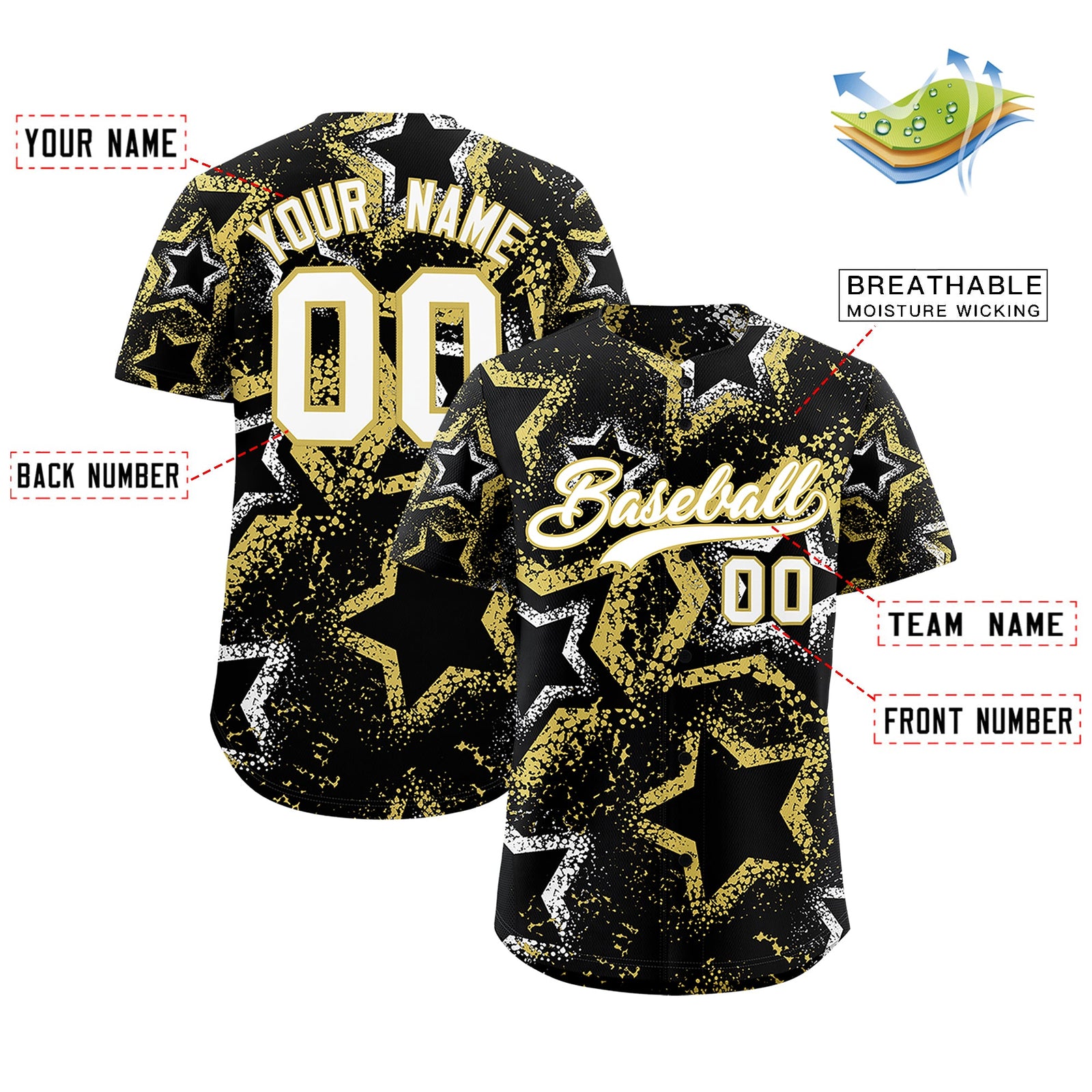 Custom Black White Old Gold Star-Shaped Ink Texture Graffiti Pattern Baseball Jersey | Sublimation Printed & Stitched,Add Name and Numbern,Perfect for Parties,Perfect for Training | KXKSHOP