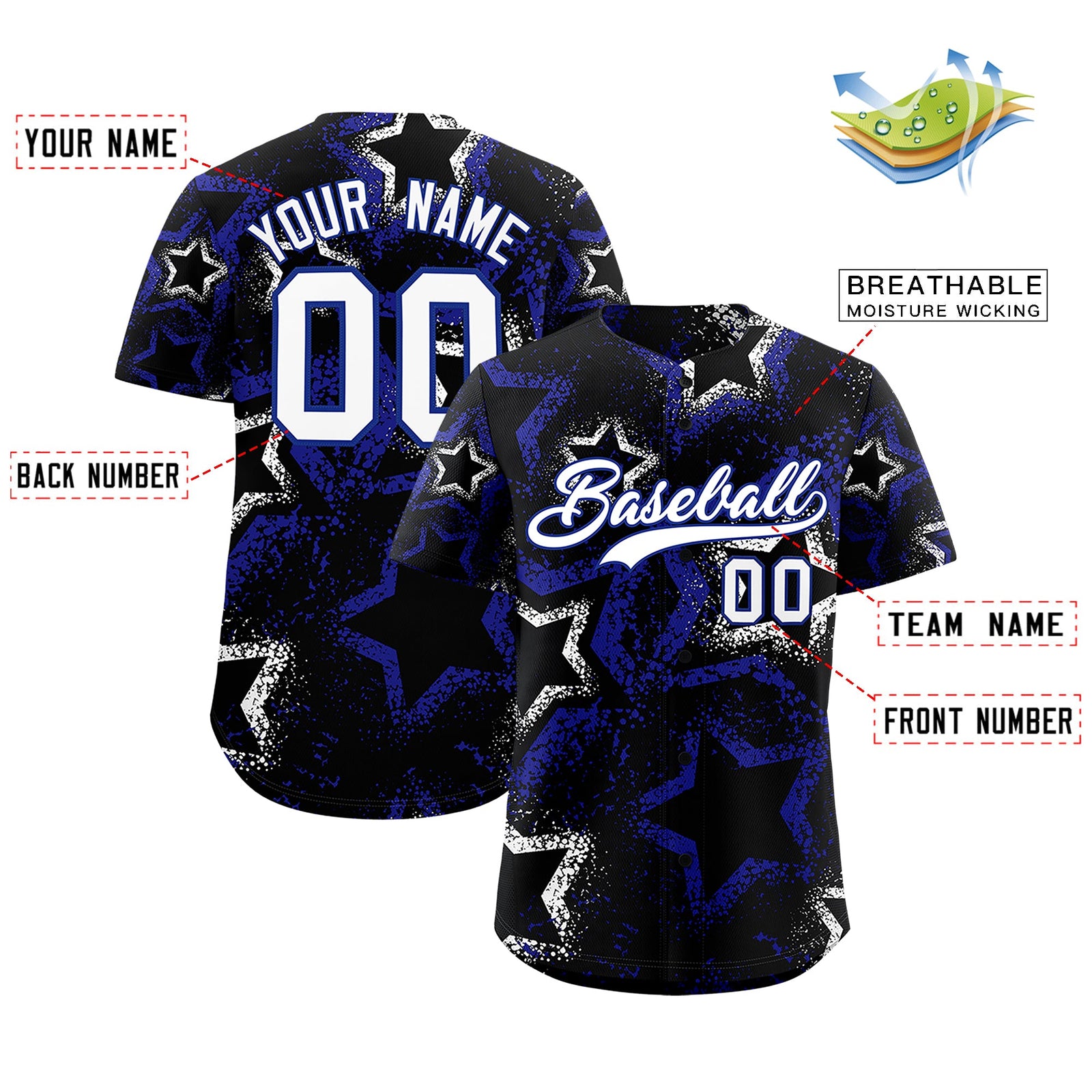 Custom Black White Royal Blue Star-Shaped Ink Texture Graffiti Pattern Baseball Jersey | Sublimation Printed & Stitched,Add Name and Numbern,Perfect for Parties,Perfect for Training | KXKSHOP