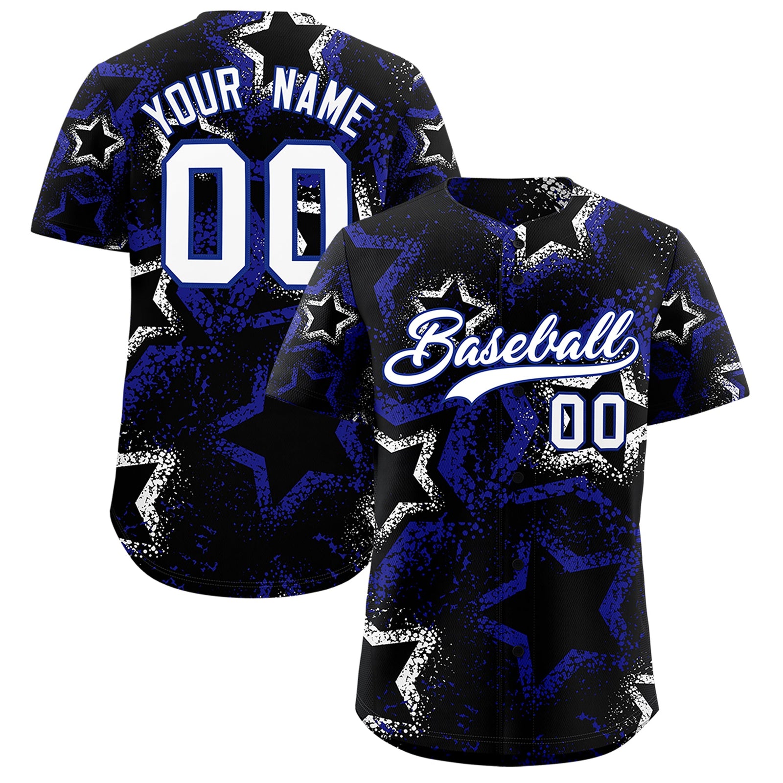 Custom Black White Royal Blue Star-Shaped Ink Texture Graffiti Pattern Baseball Jersey | Sublimation Printed & Stitched,Add Name and Numbern,Perfect for Parties,Perfect for Training | KXKSHOP