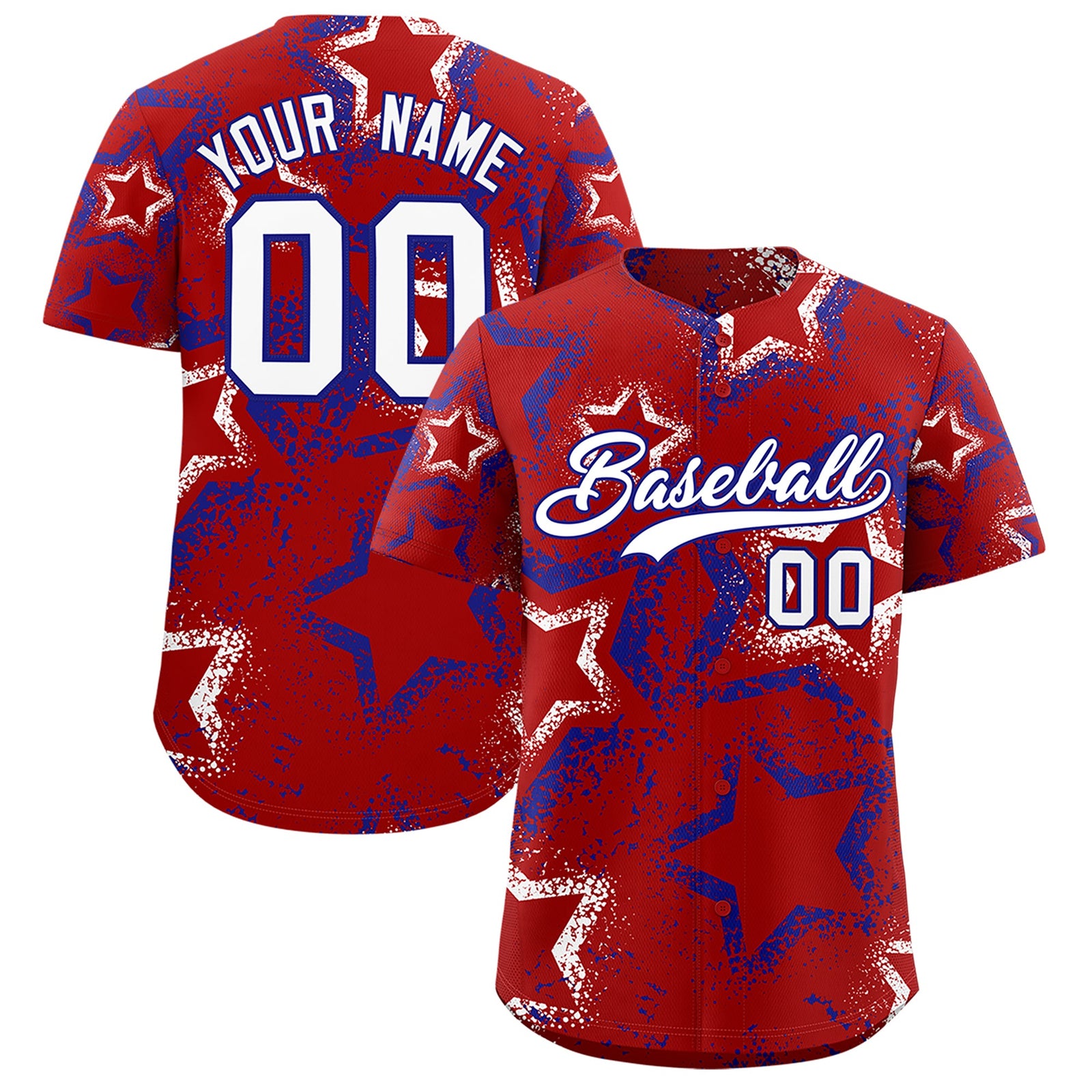 Custom Red White Royal Blue Star-Shaped Ink Texture Graffiti Pattern Baseball Jersey | Sublimation Printed & Stitched,Add Name and Numbern,Perfect for Parties,Perfect for Training | KXKSHOP