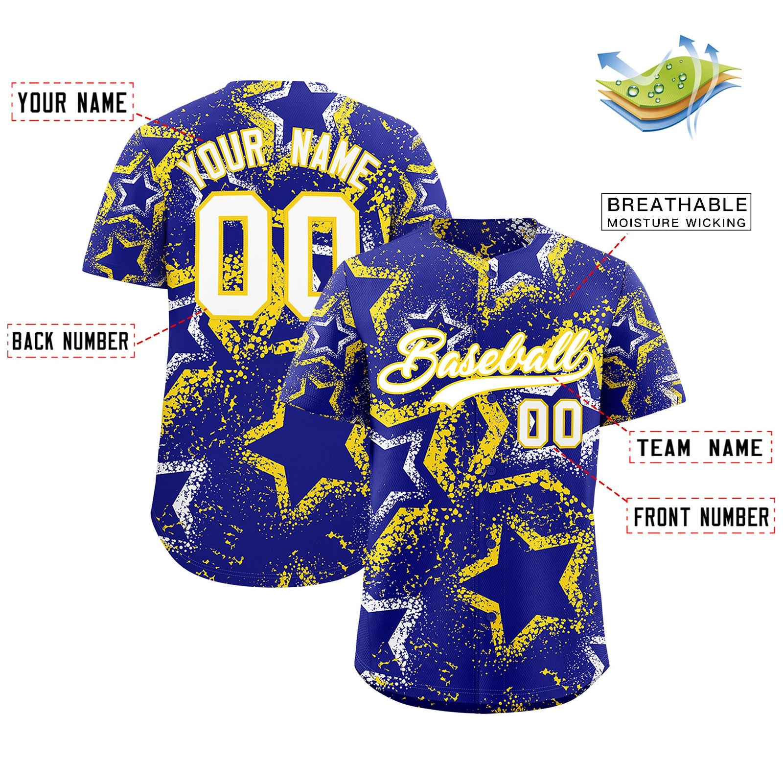 Custom Royal Blue White Gold Star-Shaped Ink Texture Graffiti Pattern Baseball Jersey | Sublimation Printed & Stitched,Add Name and Numbern,Perfect for Parties,Perfect for Training | KXKSHOP