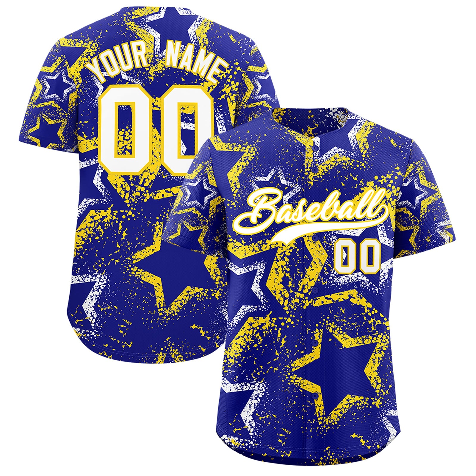 Custom Royal Blue White Gold Star-Shaped Ink Texture Graffiti Pattern Baseball Jersey | Sublimation Printed & Stitched,Add Name and Numbern,Perfect for Parties,Perfect for Training | KXKSHOP