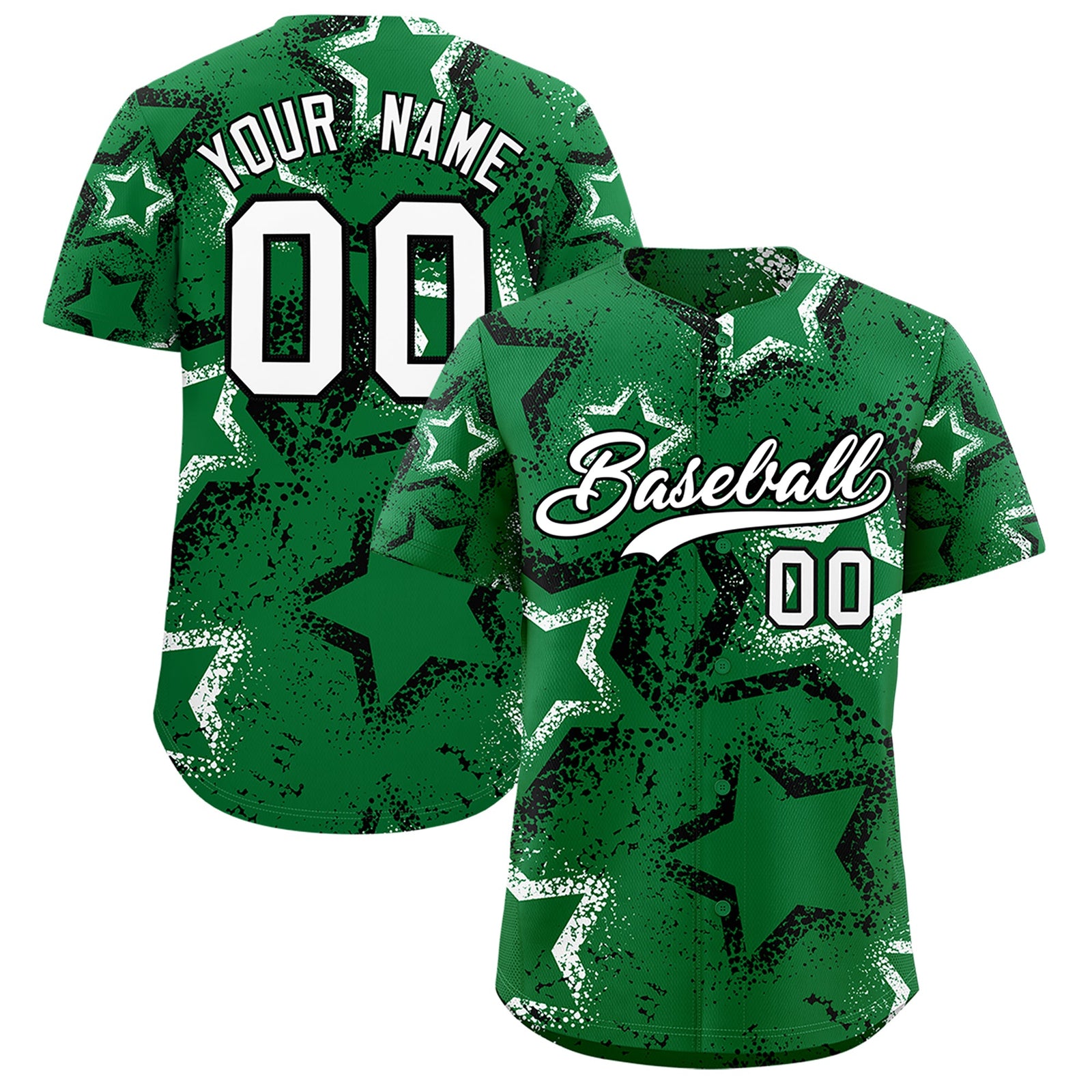Custom Kelly Green White Star-Shaped Ink Texture Graffiti Pattern Baseball Jersey | Sublimation Printed & Stitched,Add Name and Numbern,Perfect for Parties,Perfect for Training | KXKSHOP