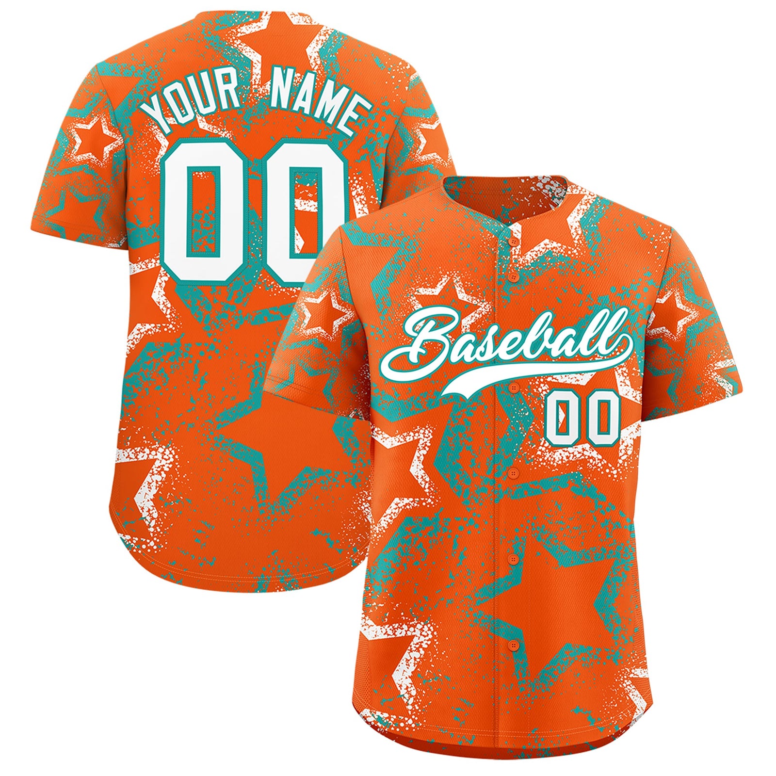 Custom Orange White Aqua Star-Shaped Ink Texture Graffiti Pattern Baseball Jersey | Sublimation Printed & Stitched,Add Name and Numbern,Perfect for Parties,Perfect for Training | KXKSHOP