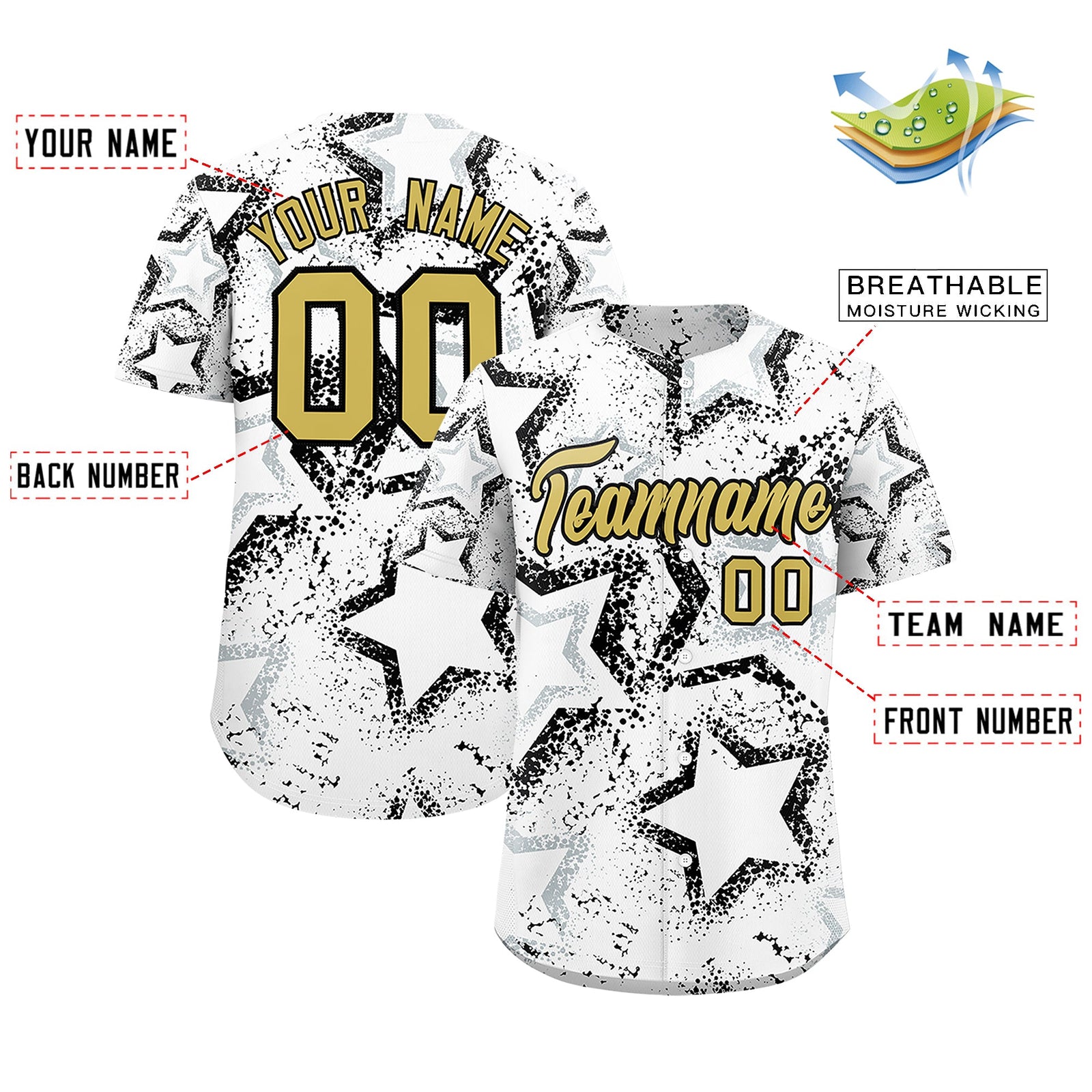 Custom White Silver Old Gold Star-Shaped Ink Texture Graffiti Pattern Baseball Jersey | Sublimation Printed & Stitched,Add Name and Numbern,Perfect for Parties,Perfect for Training | KXKSHOP