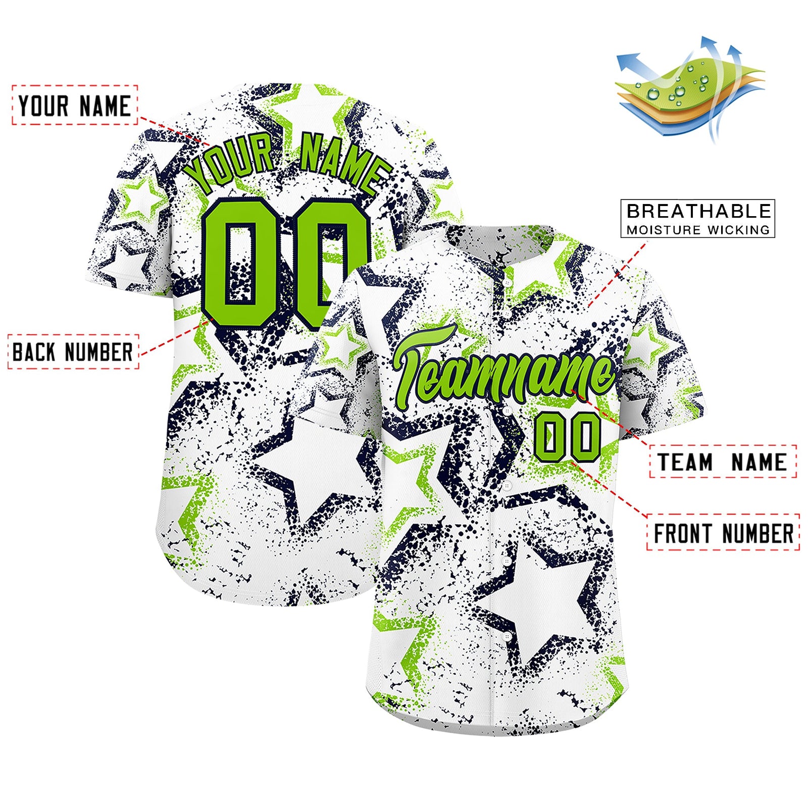 Custom White Neon Green Navy Star-Shaped Ink Texture Graffiti Pattern Baseball Jersey | Sublimation Printed & Stitched,Add Name and Numbern,Perfect for Parties,Perfect for Training | KXKSHOP