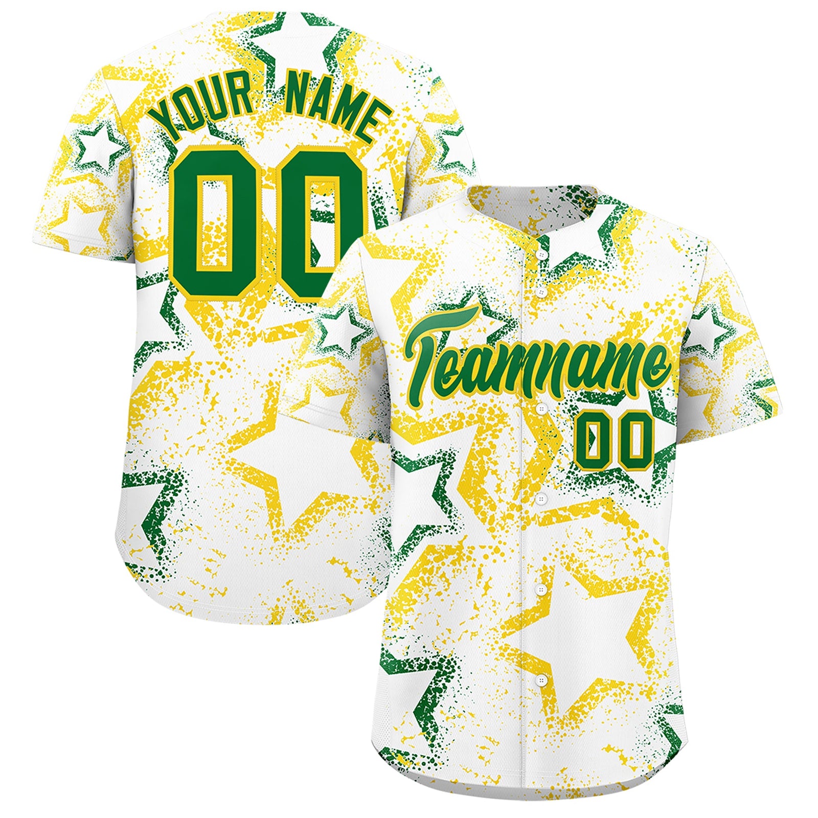 Custom White Gold Kelly Green Star-Shaped Ink Texture Graffiti Pattern Baseball Jersey | Sublimation Printed & Stitched,Add Name and Numbern,Perfect for Parties,Perfect for Training | KXKSHOP