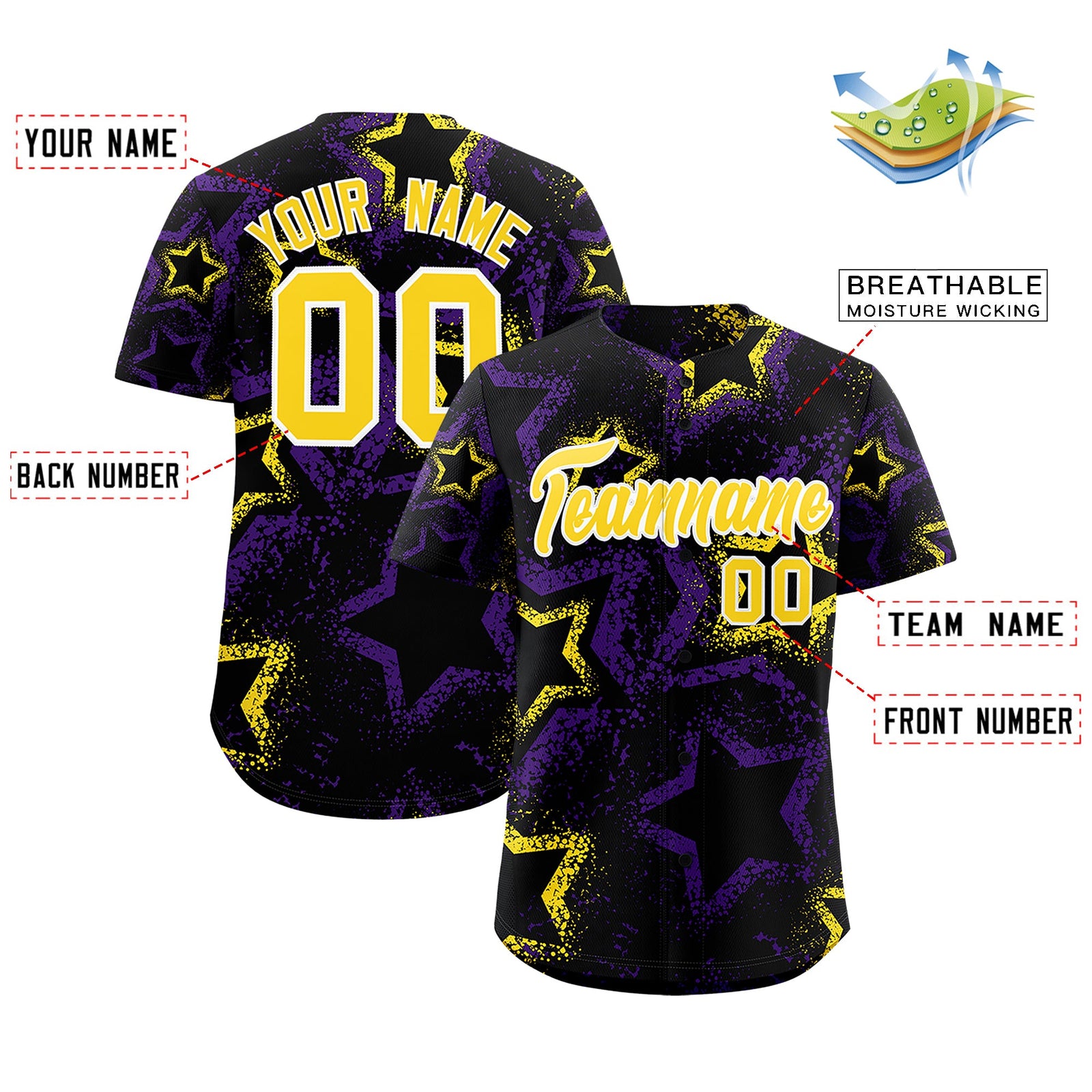 Custom Black Gold White Star-Shaped Ink Texture Graffiti Pattern Baseball Jersey | Sublimation Printed & Stitched,Add Name and Numbern,Perfect for Parties,Perfect for Training | KXKSHOP