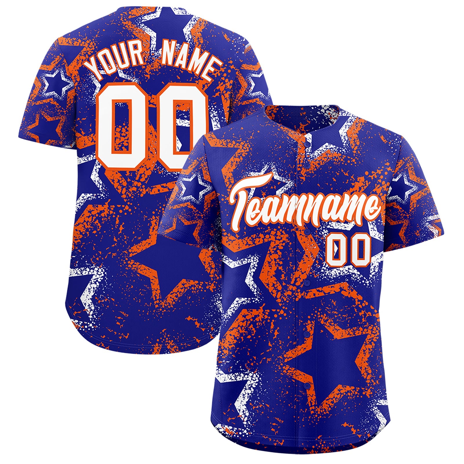 Custom Royal Blue White Orange Star-Shaped Ink Texture Graffiti Pattern Baseball Jersey | Sublimation Printed & Stitched,Add Name and Numbern,Perfect for Parties,Perfect for Training | KXKSHOP