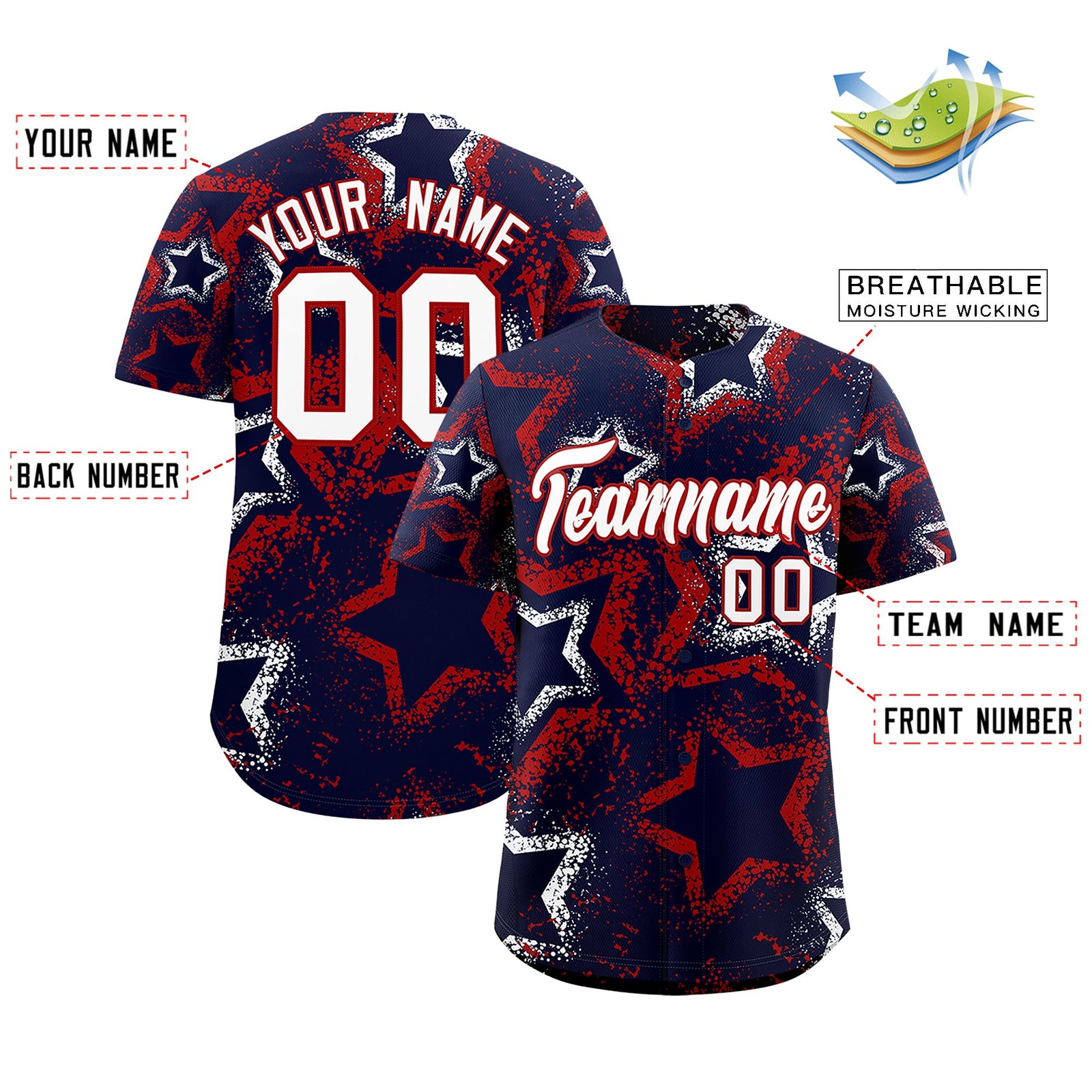Custom Navy White Red Star-Shaped Ink Texture Graffiti Pattern Baseball Jersey | Sublimation Printed & Stitched,Add Name and Numbern,Perfect for Parties,Perfect for Training | KXKSHOP