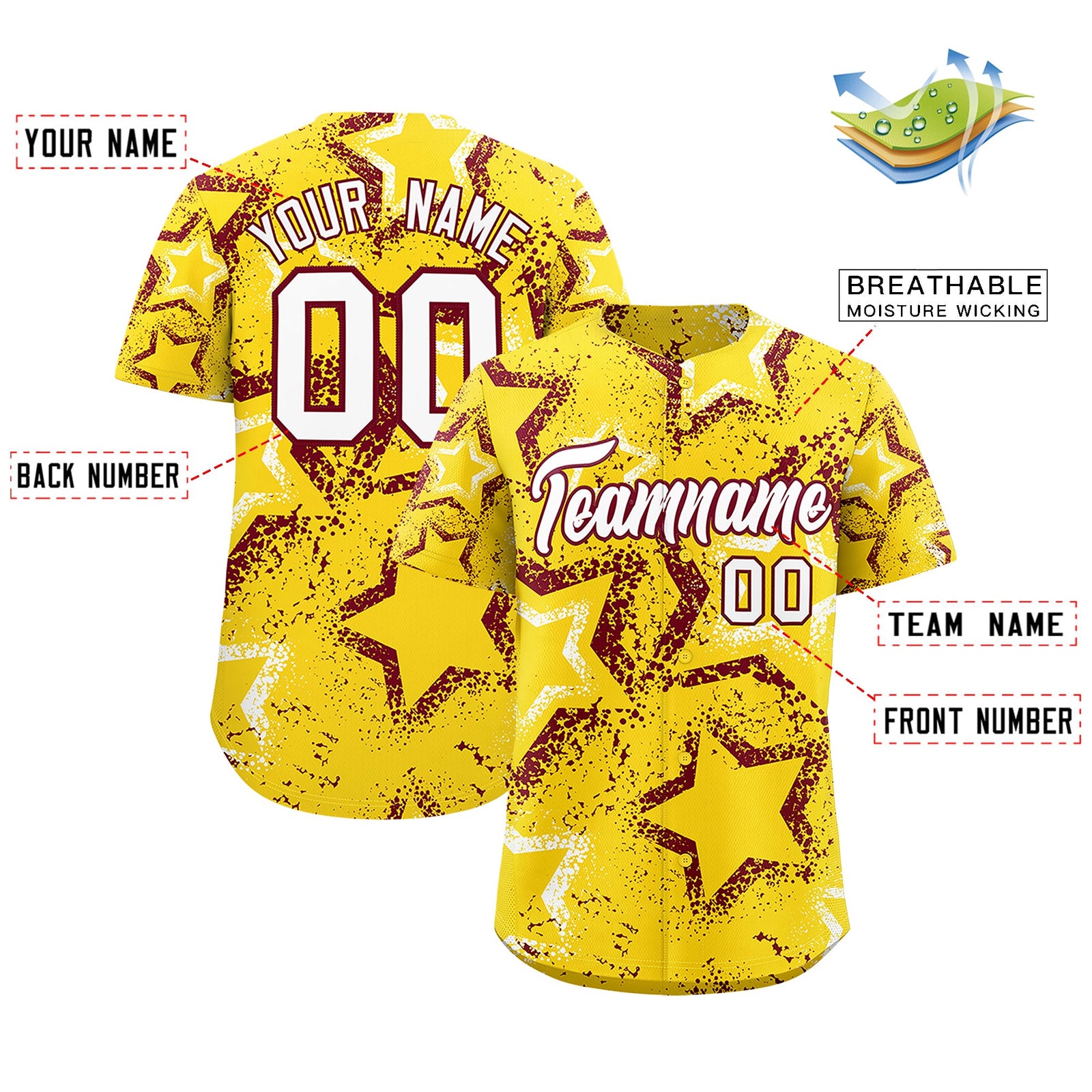 Custom Gold White Crimson Star-Shaped Ink Texture Graffiti Pattern Baseball Jersey | Sublimation Printed & Stitched,Add Name and Numbern,Perfect for Parties,Perfect for Training | KXKSHOP