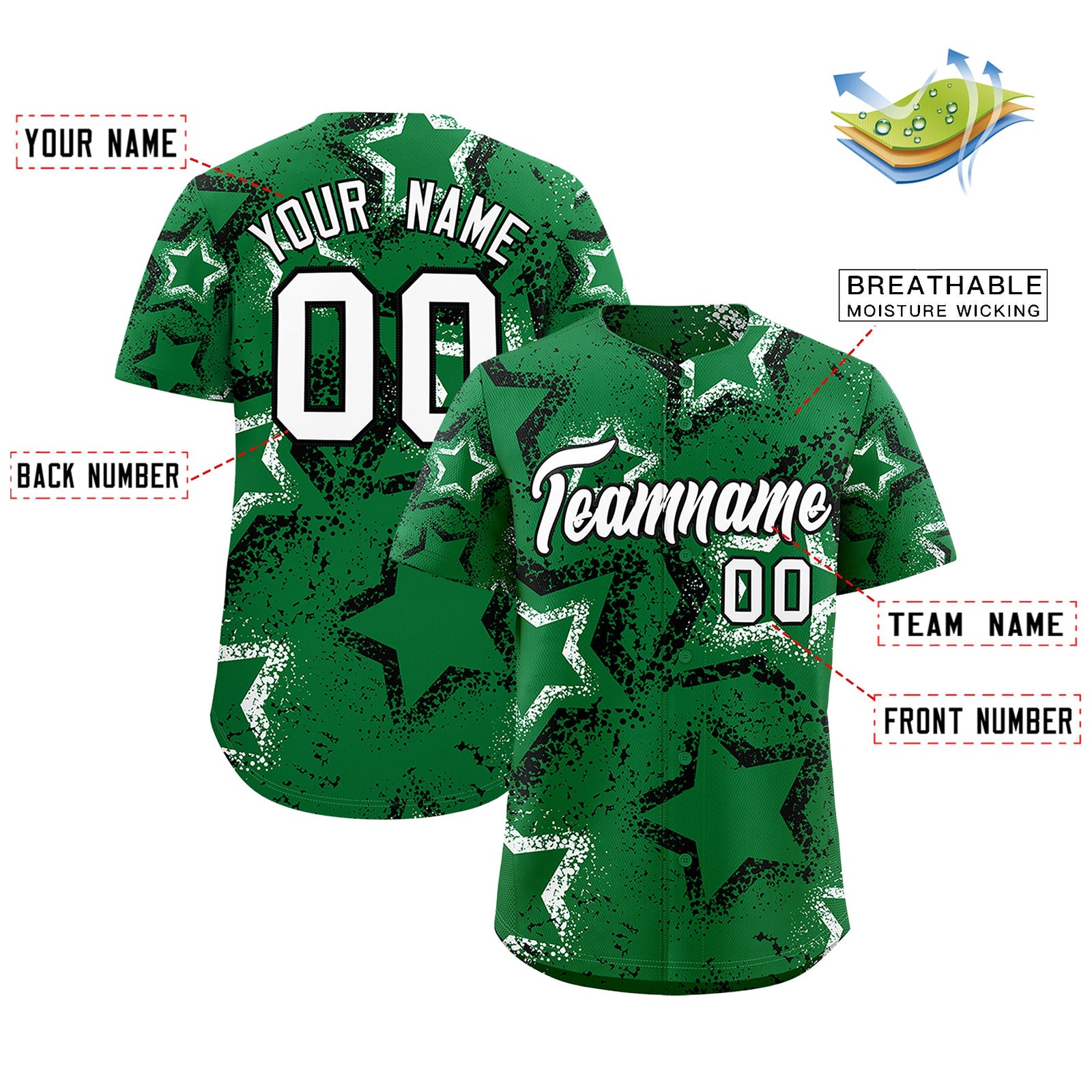 Custom Kelly Green White Star-Shaped Ink Texture Graffiti Pattern Baseball Jersey | Sublimation Printed & Stitched,Add Name and Numbern,Perfect for Parties,Perfect for Training | KXKSHOP