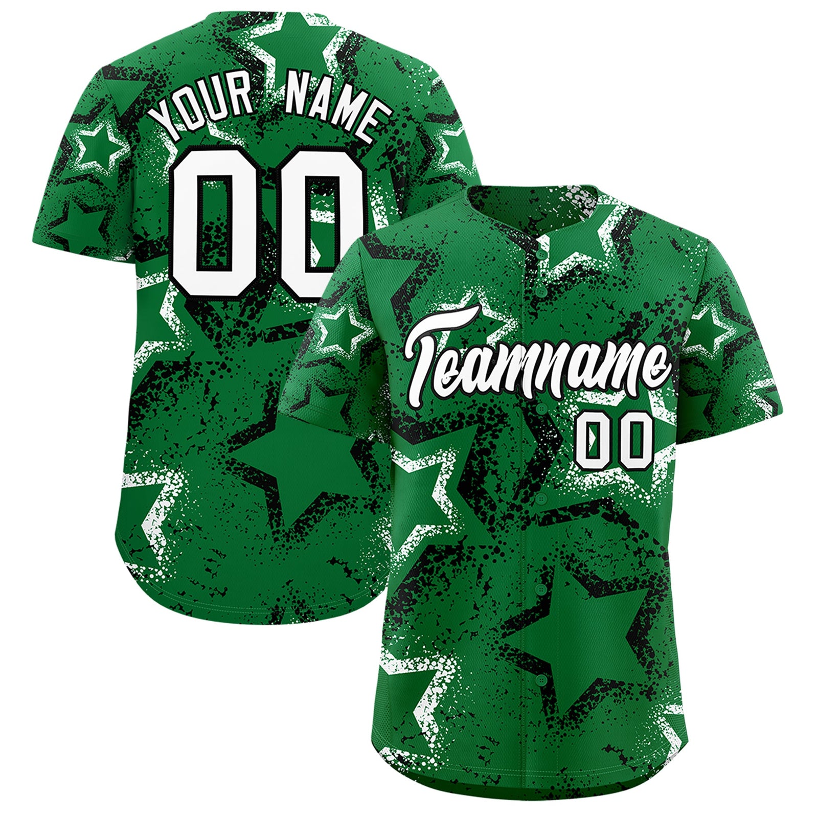 Custom Kelly Green White Star-Shaped Ink Texture Graffiti Pattern Baseball Jersey | Sublimation Printed & Stitched,Add Name and Numbern,Perfect for Parties,Perfect for Training | KXKSHOP